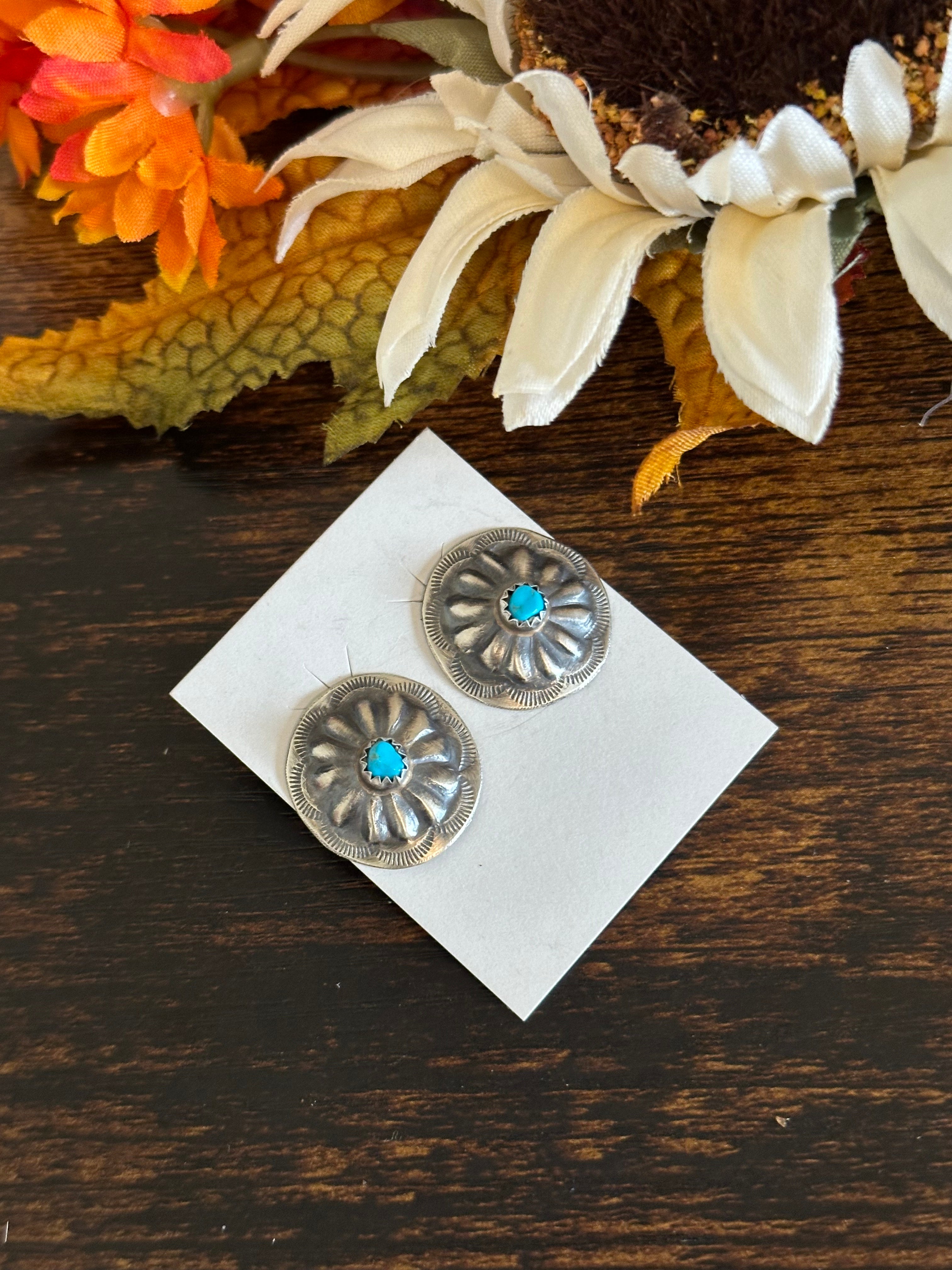 Theresa Smith Kingman Turquoise & Sterling Silver Post Concho Earrings