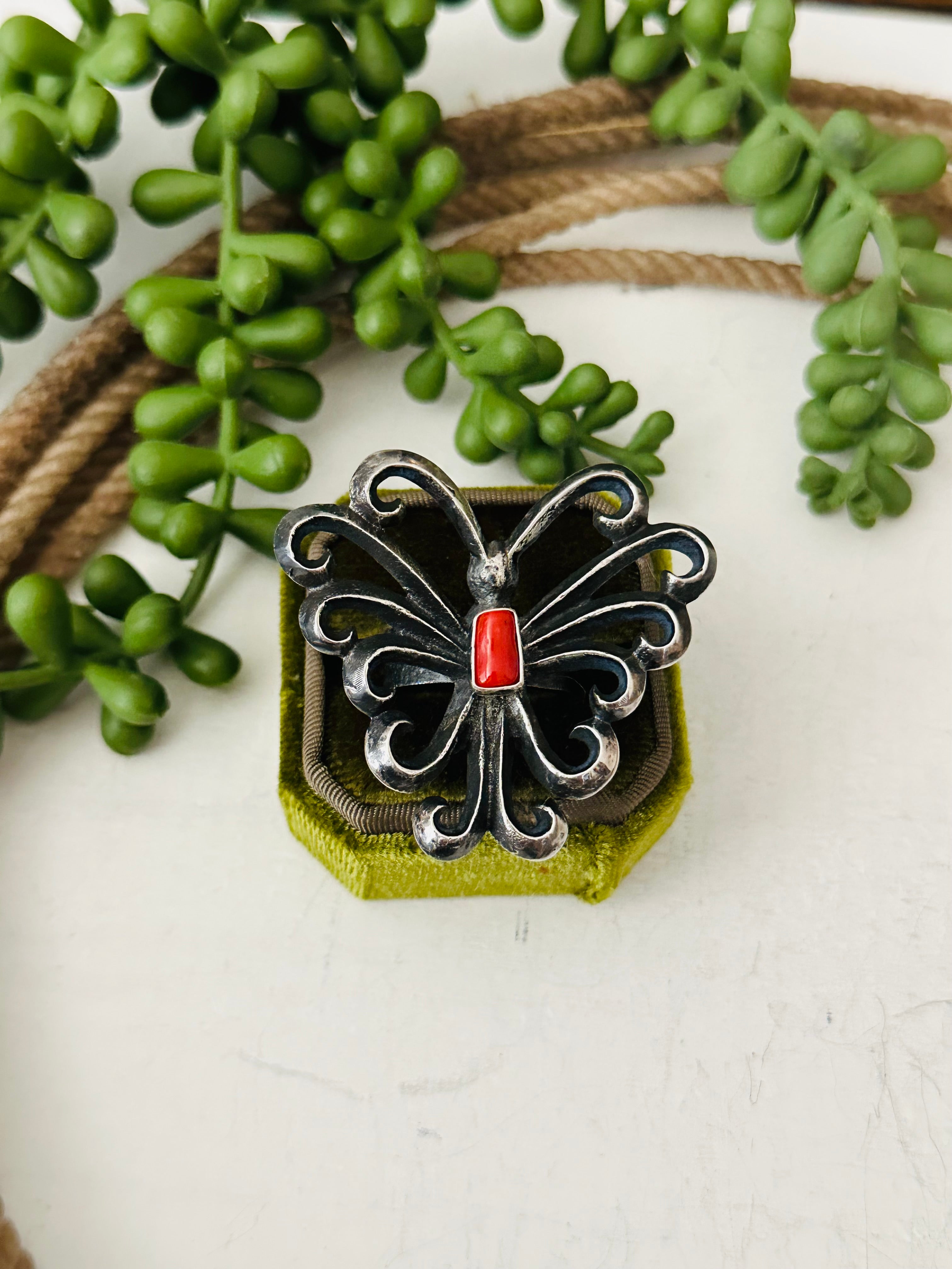 Navajo Made Coral & Sterling Silver Butterfly Ring