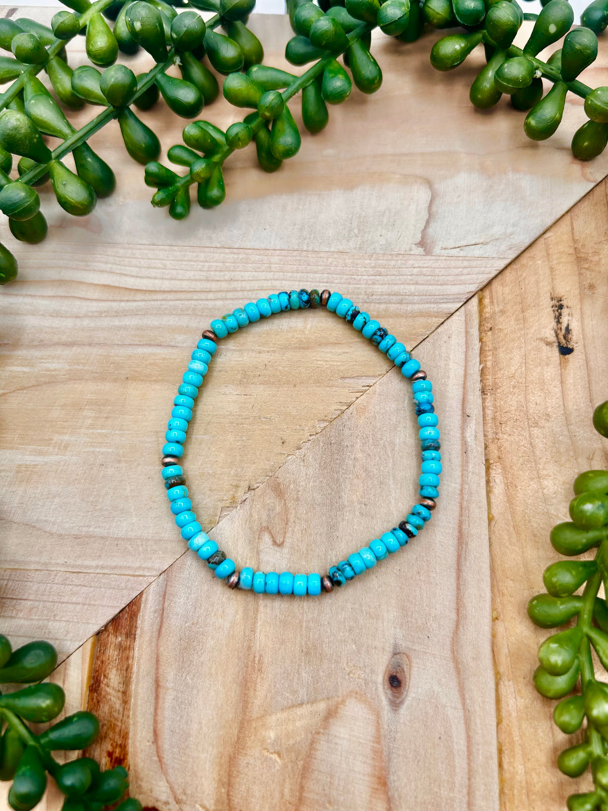 Navajo Made Red Skin Turquoise & Copper Strung Stretchy Bracelet