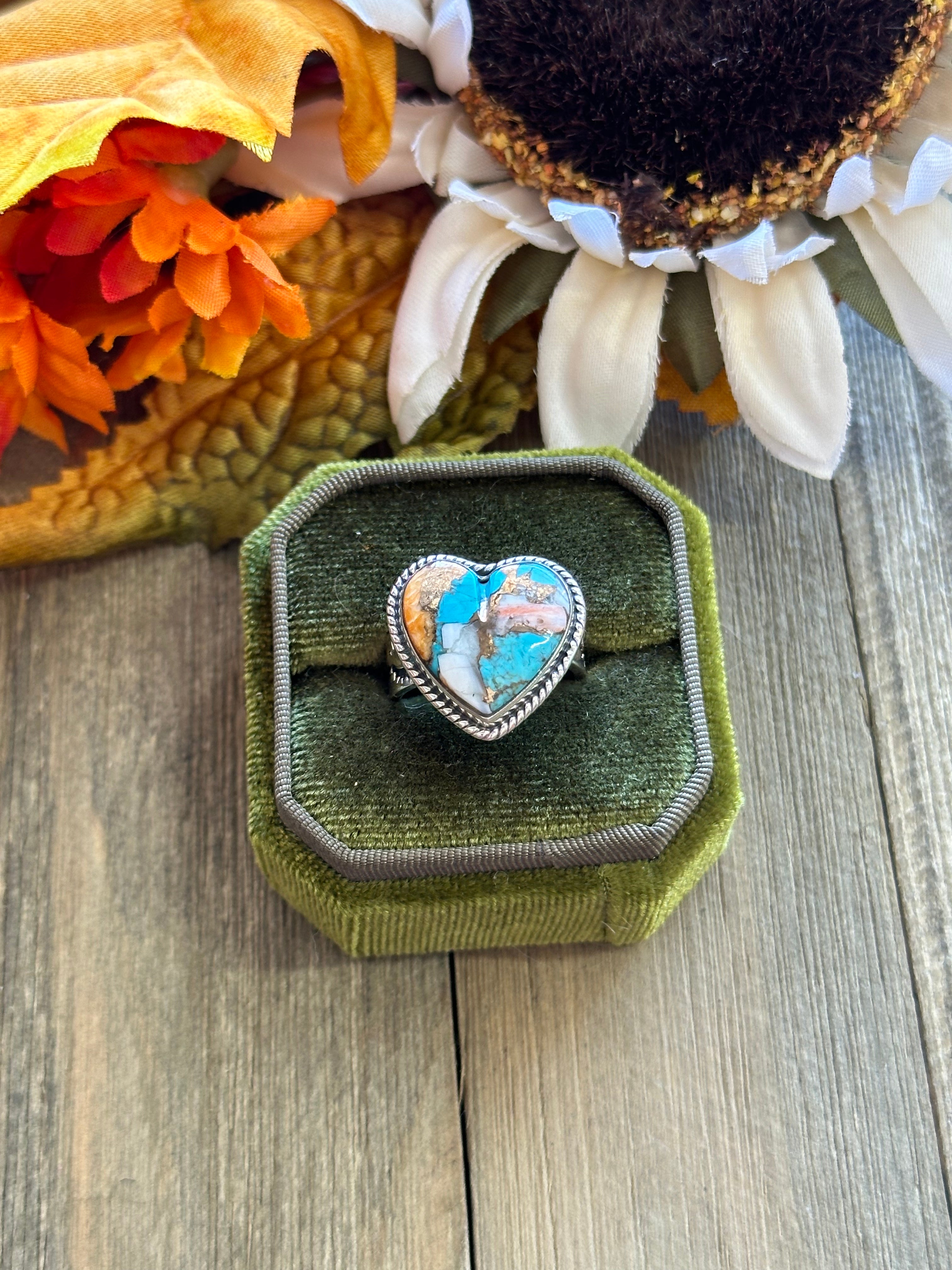 Southwest Handmade Mohave Turquoise & Sterling Silver Adjustable Heart Ring