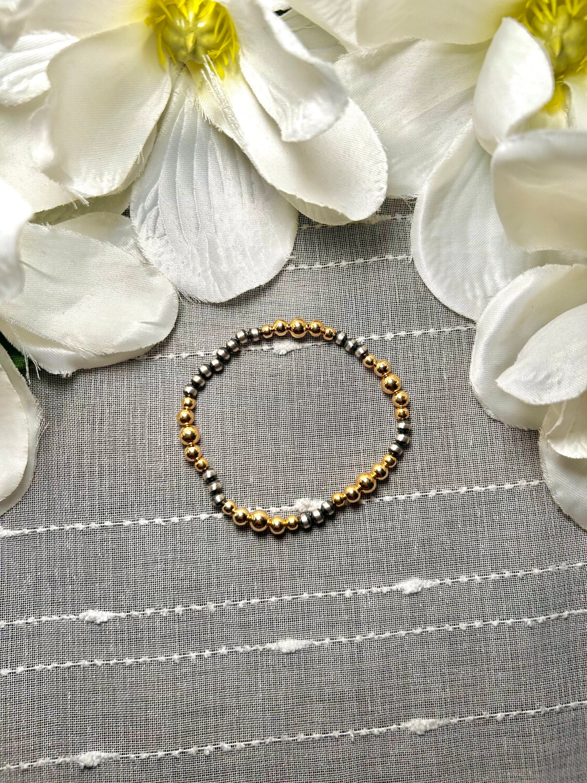 Navajo Made 14k Gold Plate & Sterling Silver Strung Stretchy Bracelet