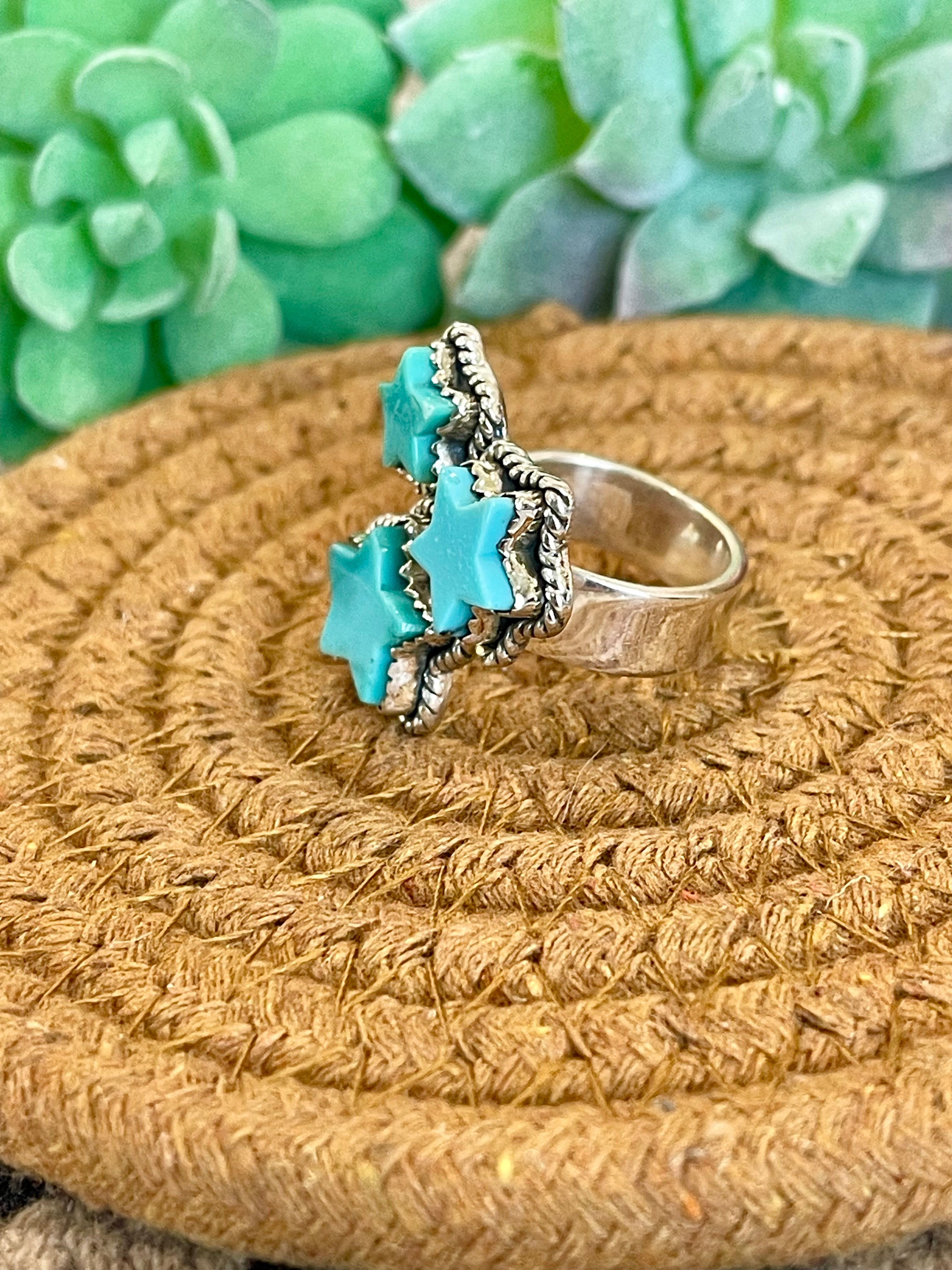 Southwest Handmade Kingman Turquoise & Sterling Silver Adjustable Star Ring