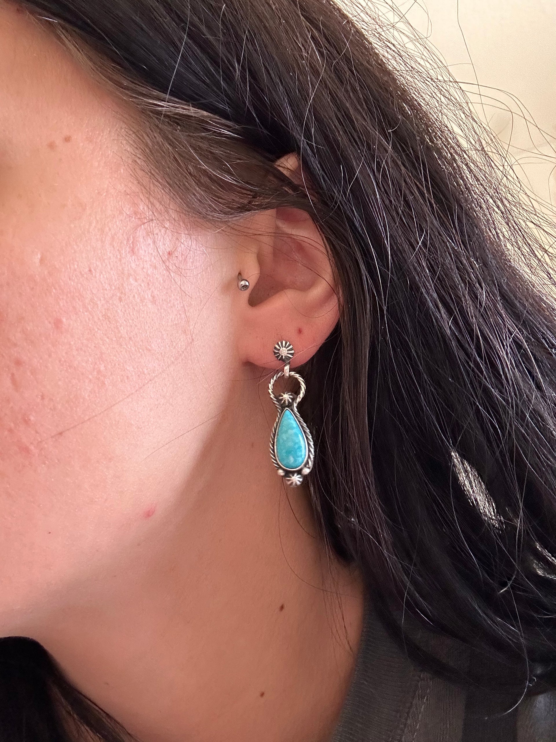 Navajo Handmade Kingman Turquoise & Sterling Silver Post Dangle Earrings