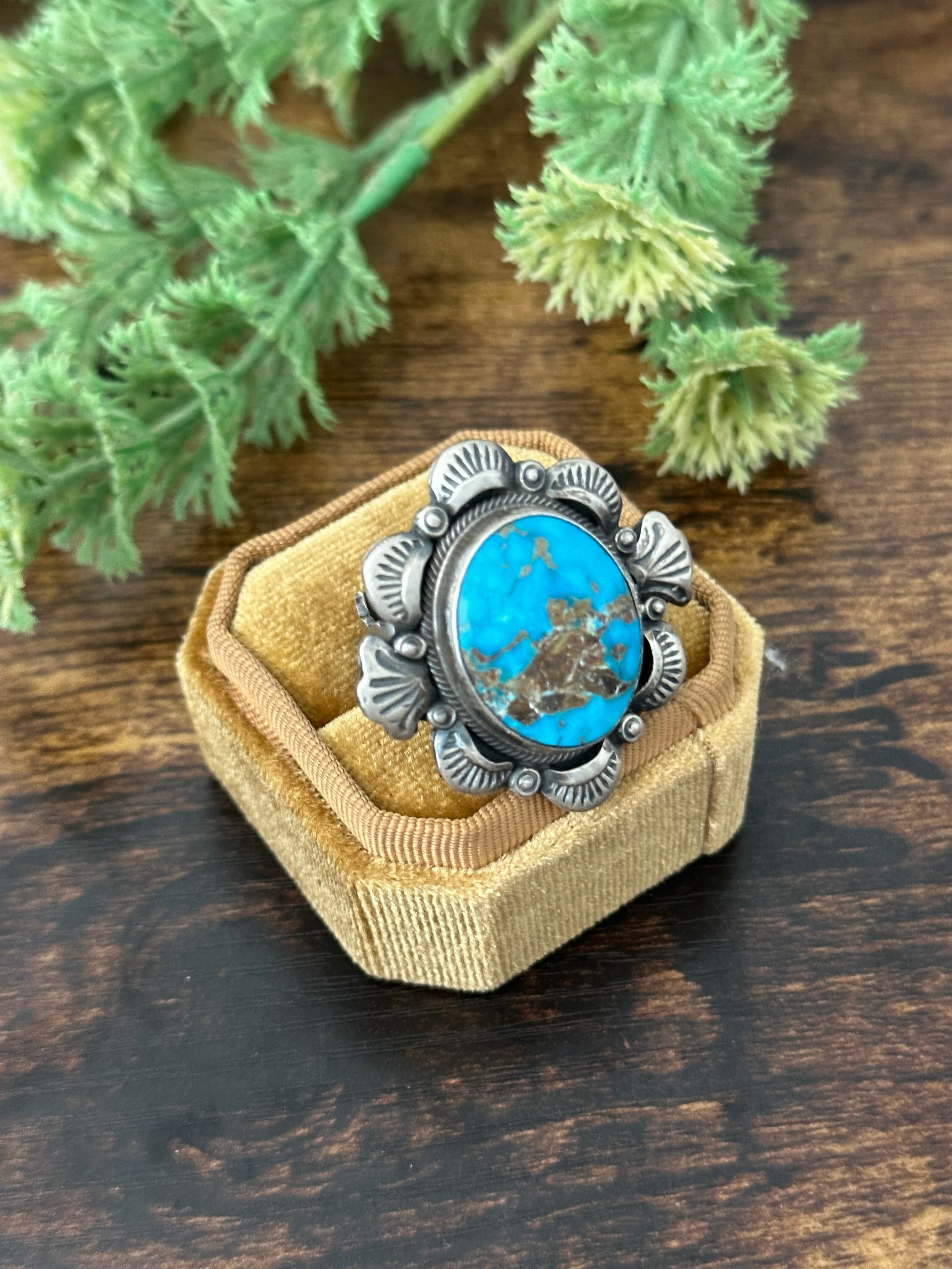 Gilbert Tom Blue Ridge Turquoise & Sterling Silver Ring Size 8.5