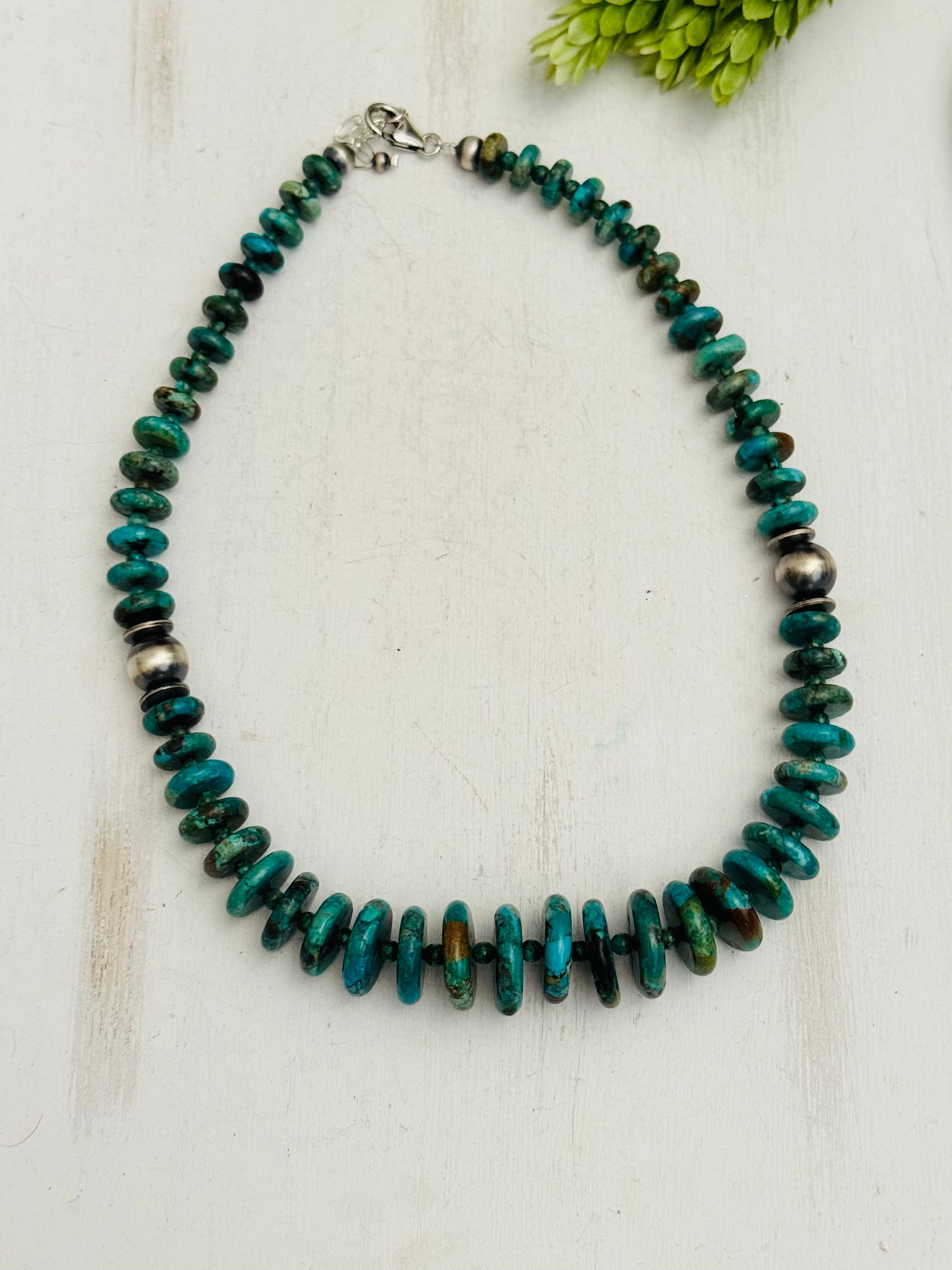 Navajo Strung Kingman Turquoise & Sterling Silver Graduated Beaded Pearl Necklace