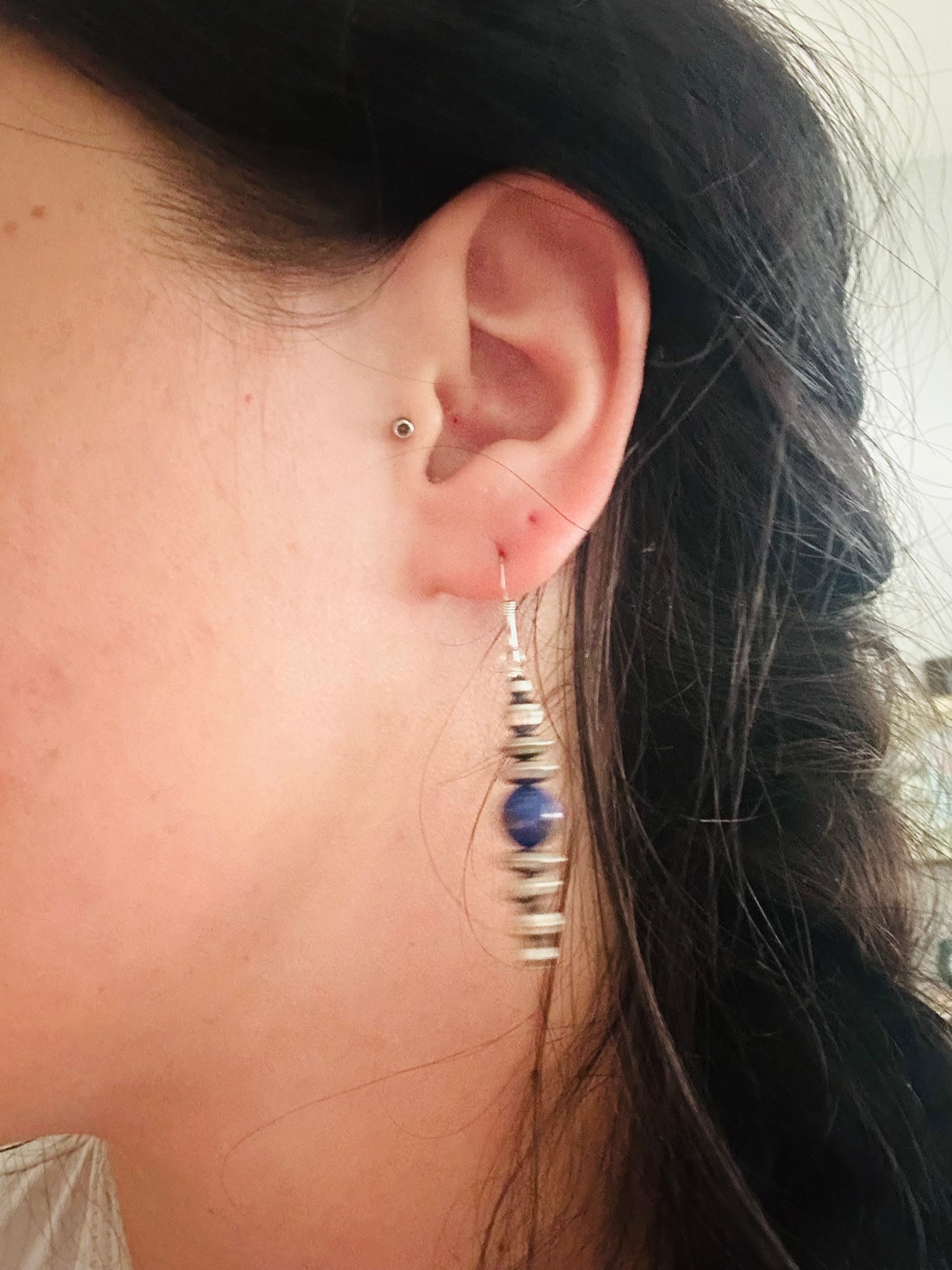 Navajo Strung Lapis & Sterling Silver Graduated Pearls Dangle Earrings