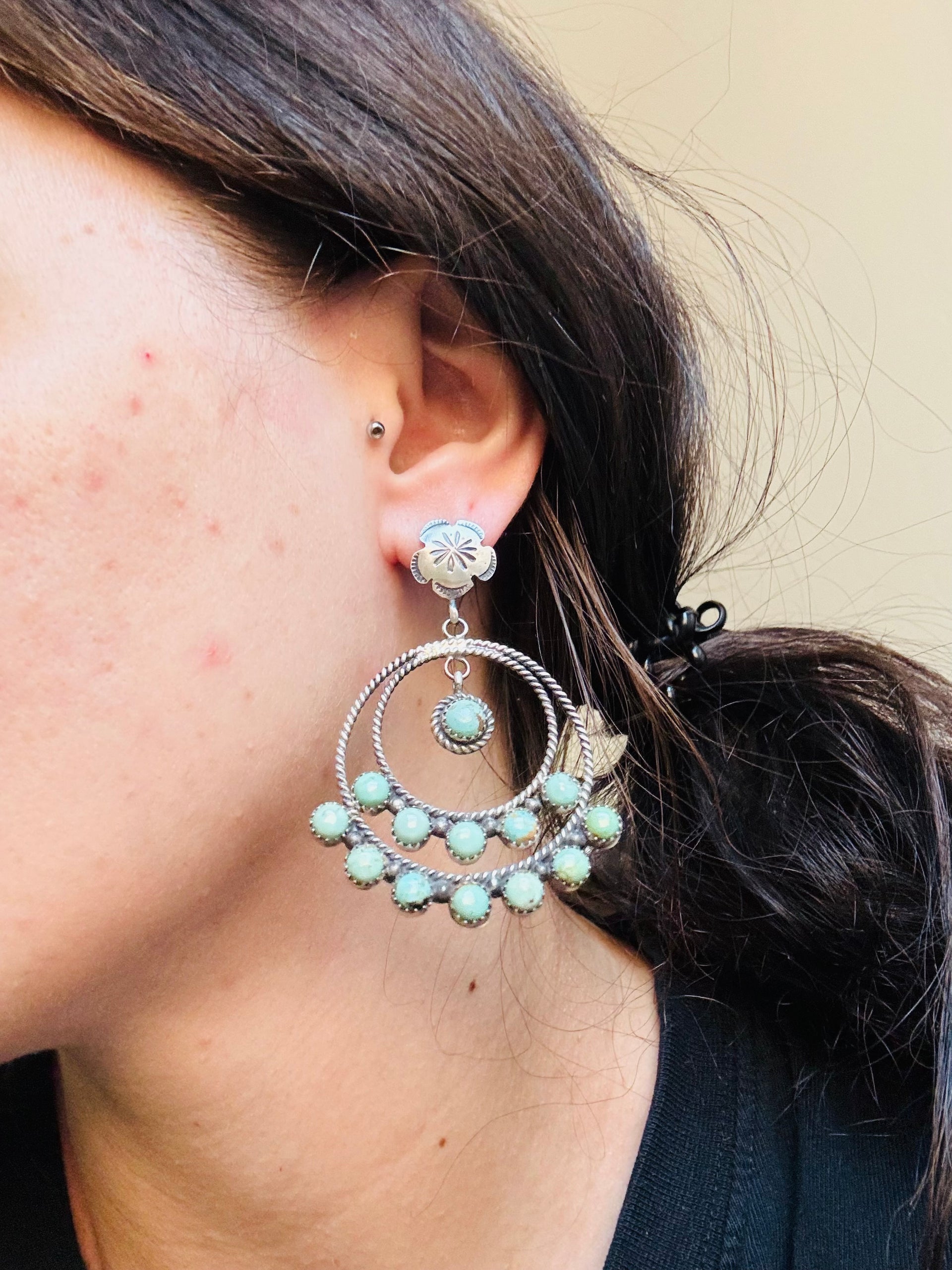 Navajo Made Kingman Turquoise & Sterling Silver Post Dangle Earrings