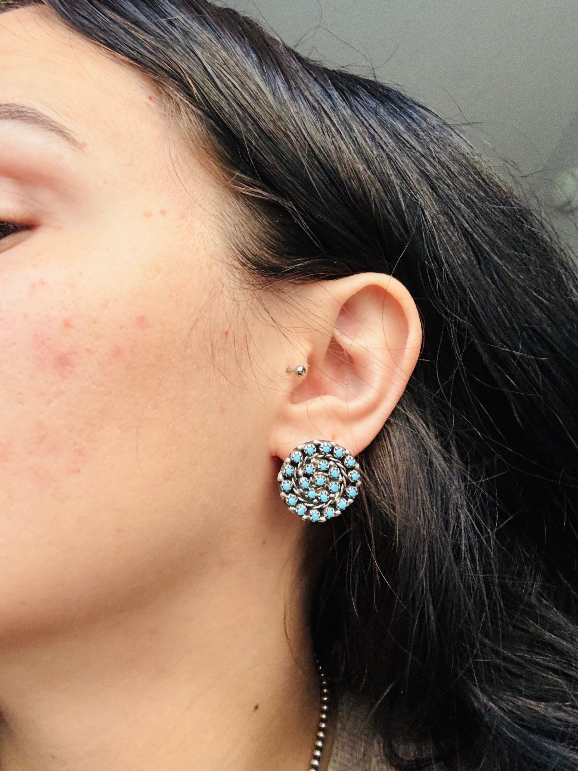 Zuni Handmade Turquoise & Sterling Silver Post Cluster Earrings