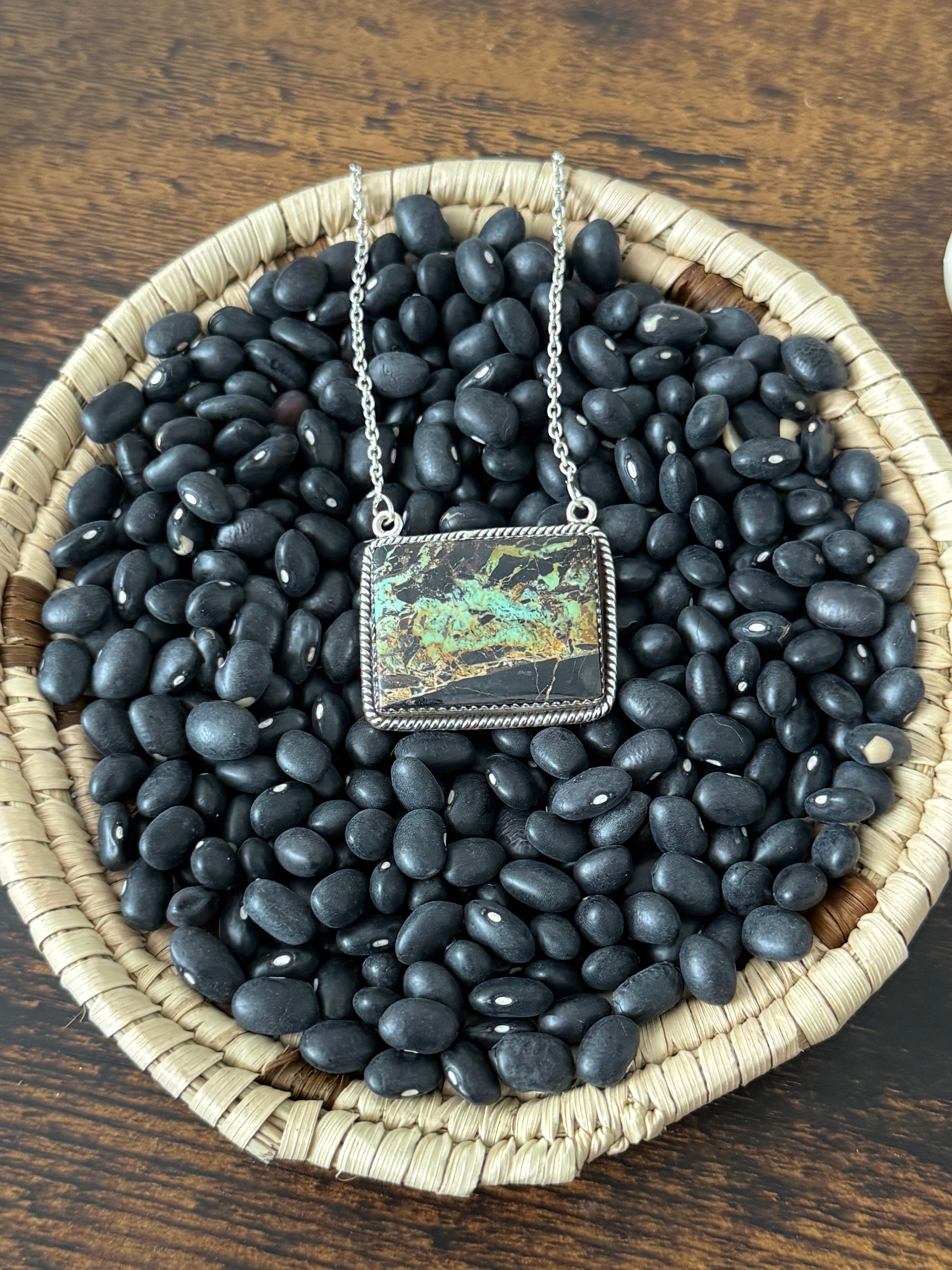 Southwest Handmade Black Jack Turquoise & Sterling Silver Bar Necklace