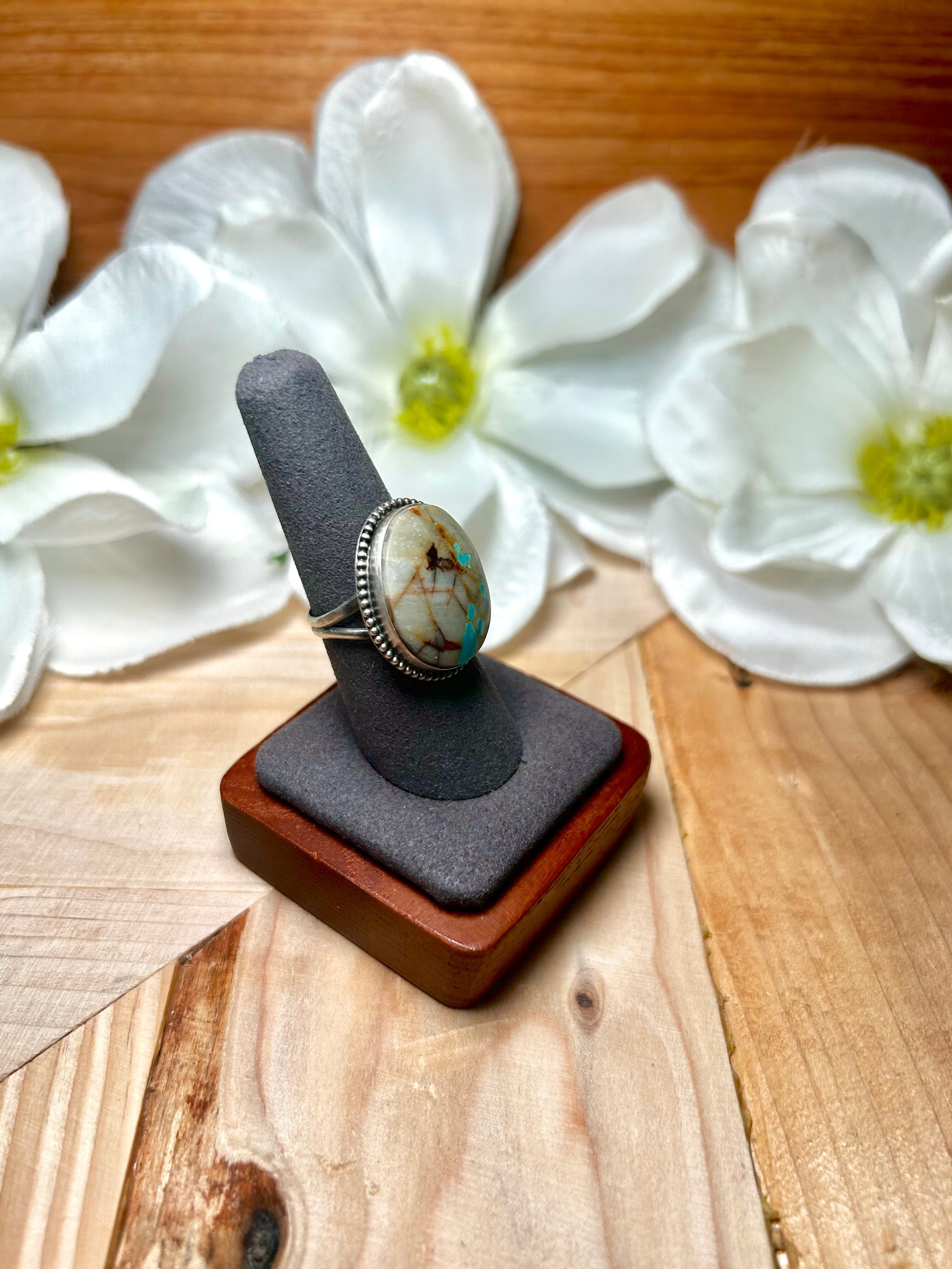Navajo Made Boulder Turquoise & Sterling Silver Ring Size 8.75