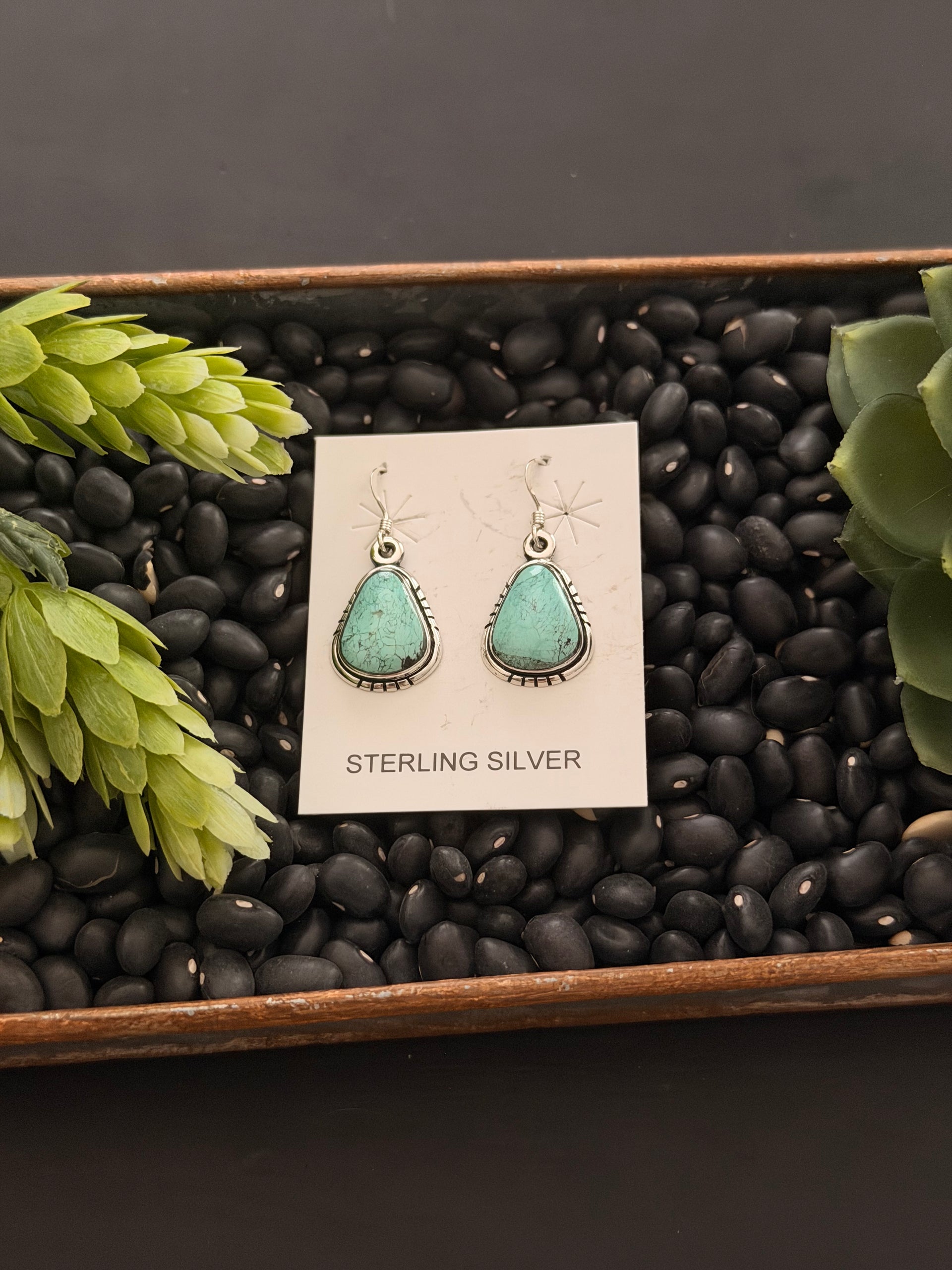 Navajo Made Black Jack Turquoise & Sterling Silver Dangle Earrings