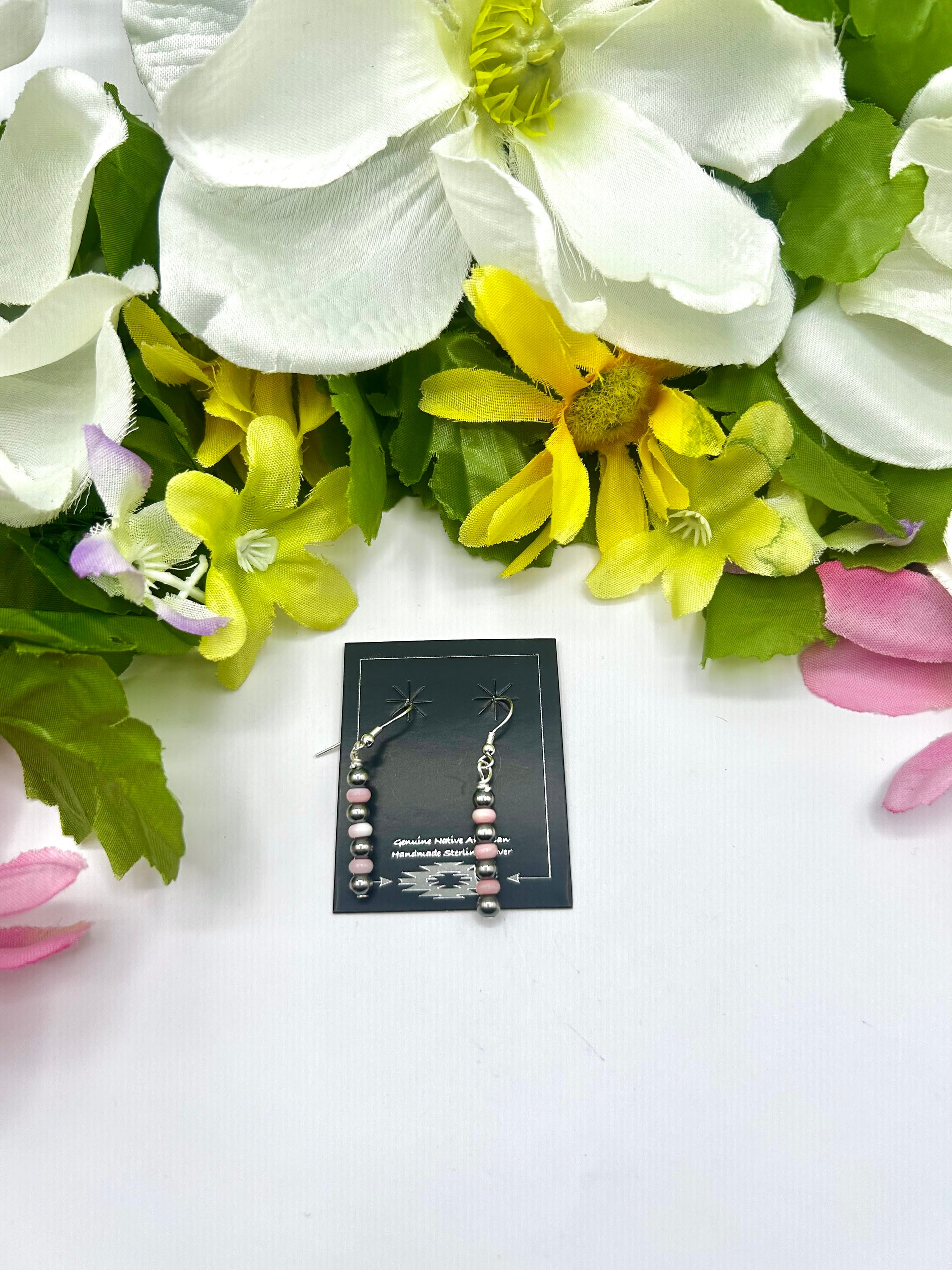 Navajo Made Strung Pink Conch & Sterling Silver Hook Dangle Earrings t