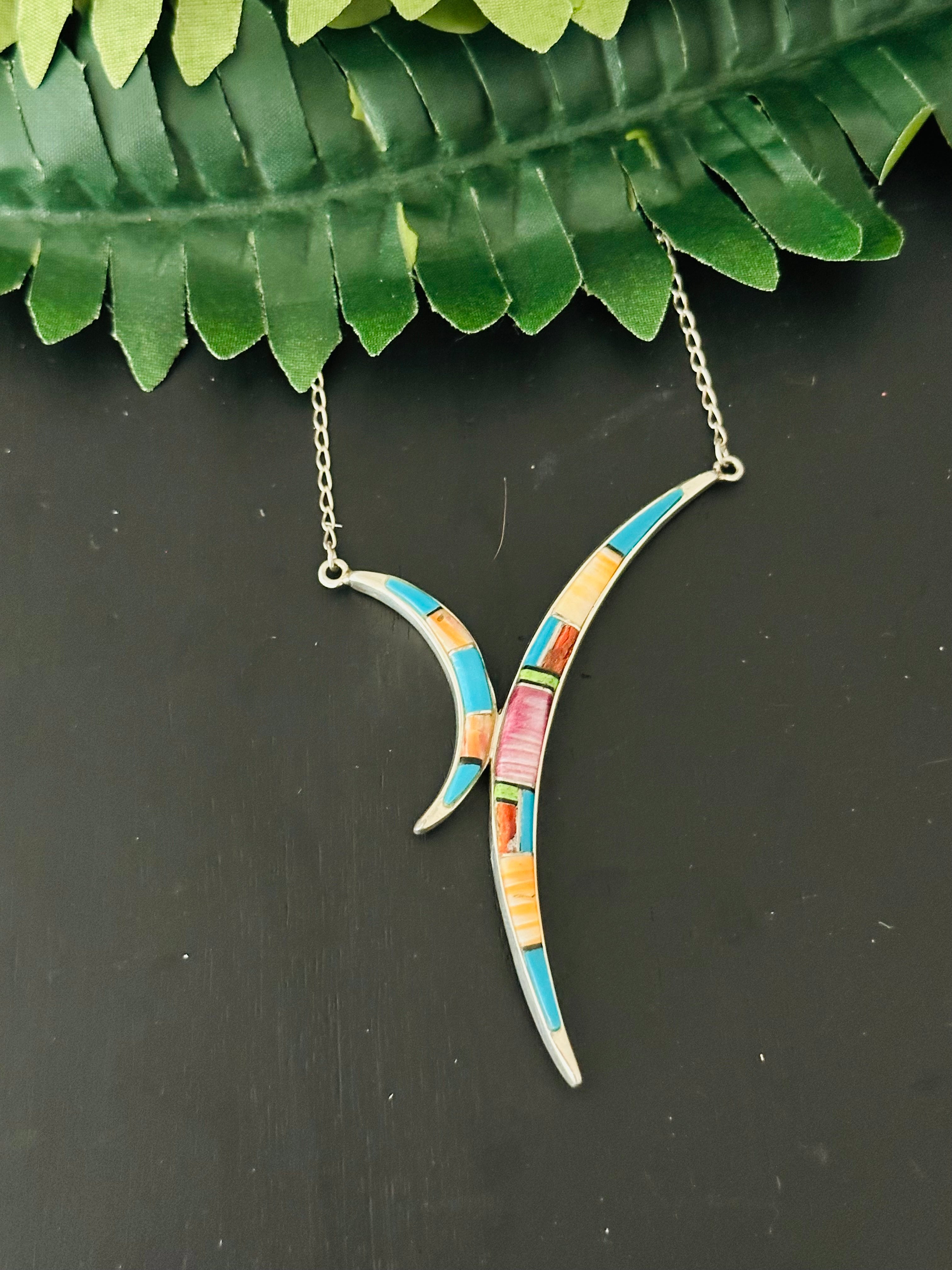 Navajo Made Multi Stone & Sterling Silver Inlay Necklace