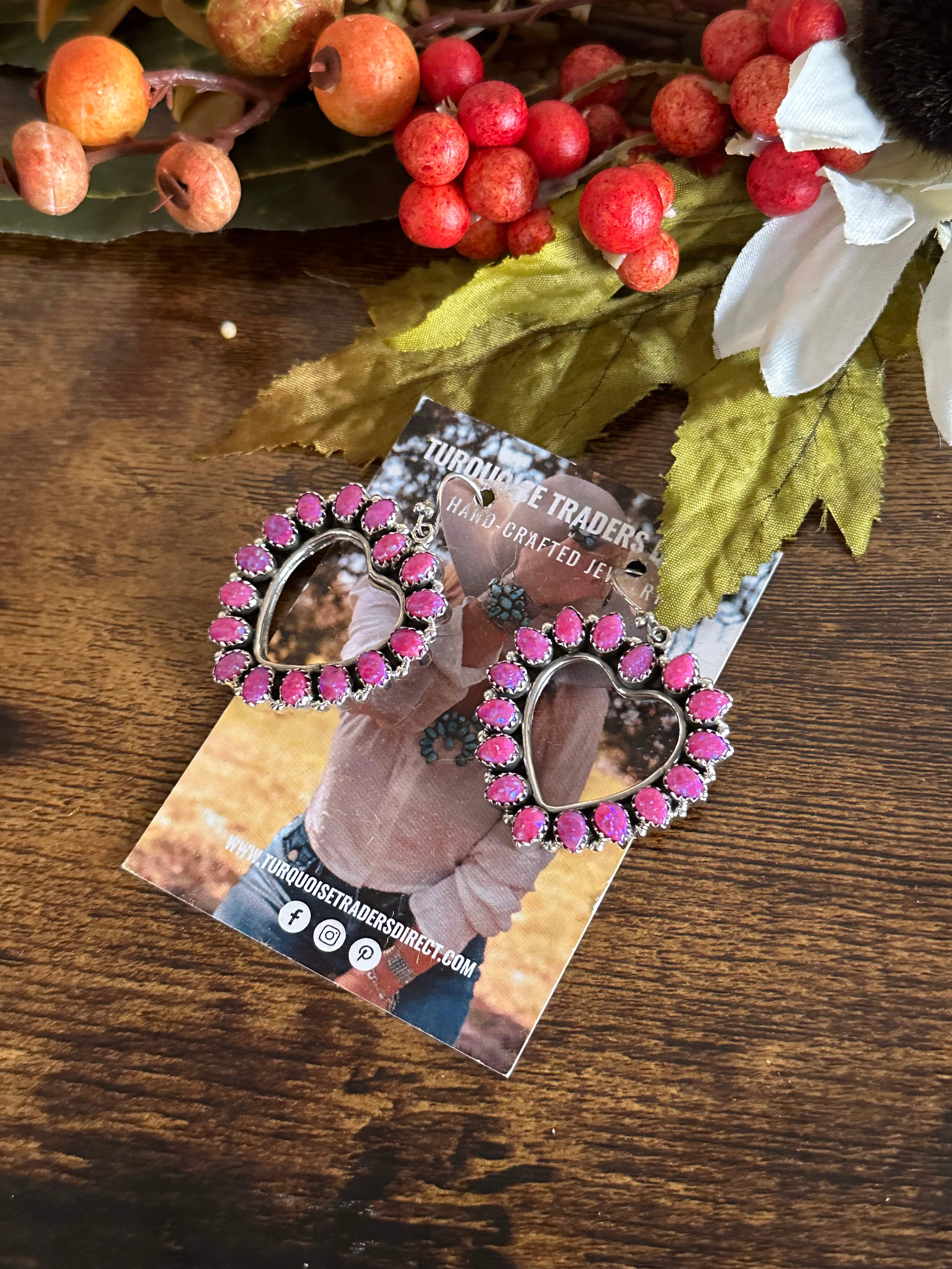 Southwest Pink Opal & Sterling Silver Dangle Cluster Heart Earrings