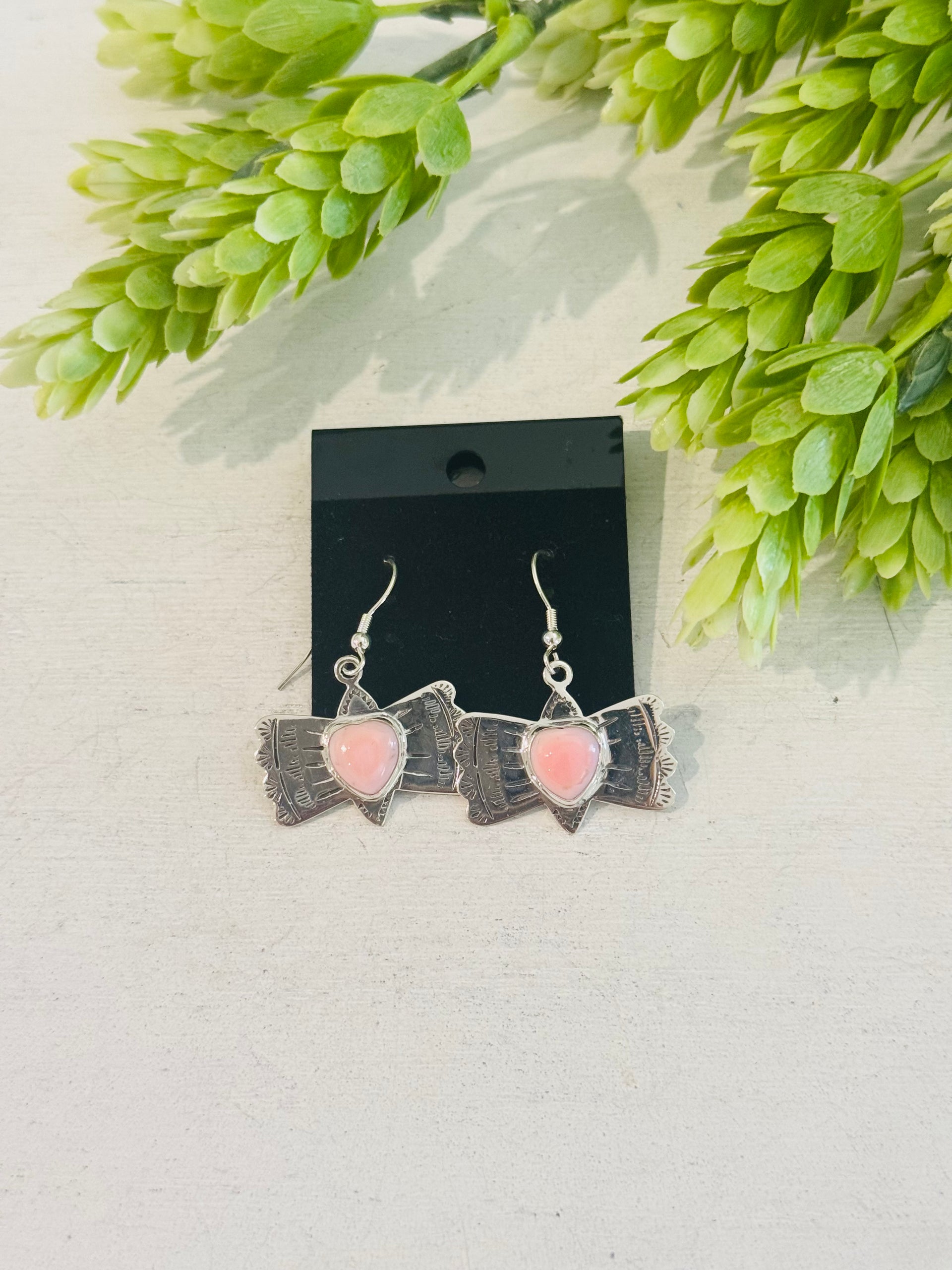 Southwest Made Pink Conch & Sterling Silver Dangle Earrings