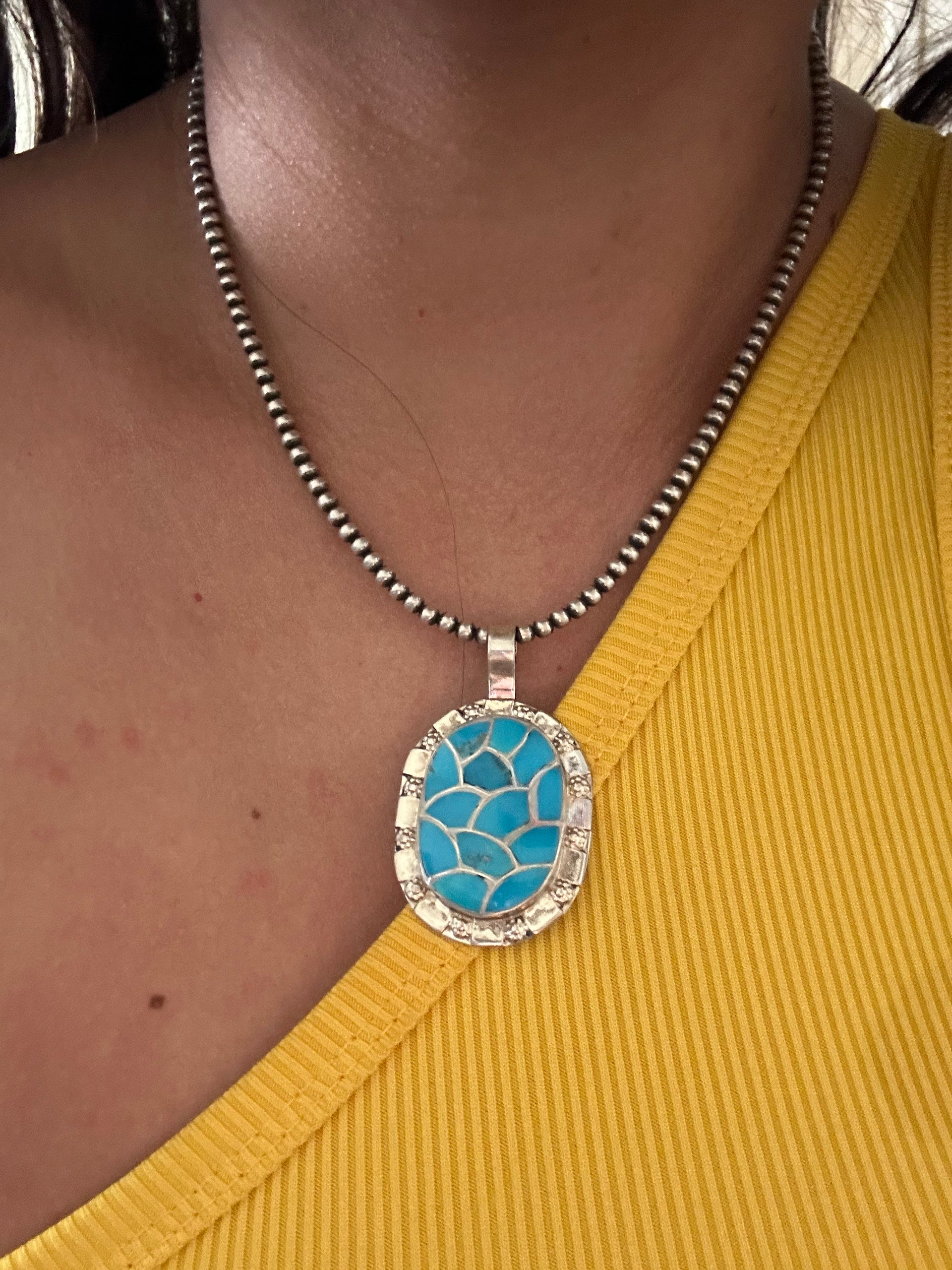 Zuni Handmade Turquoise & Sterling Silver Inlay Pendant