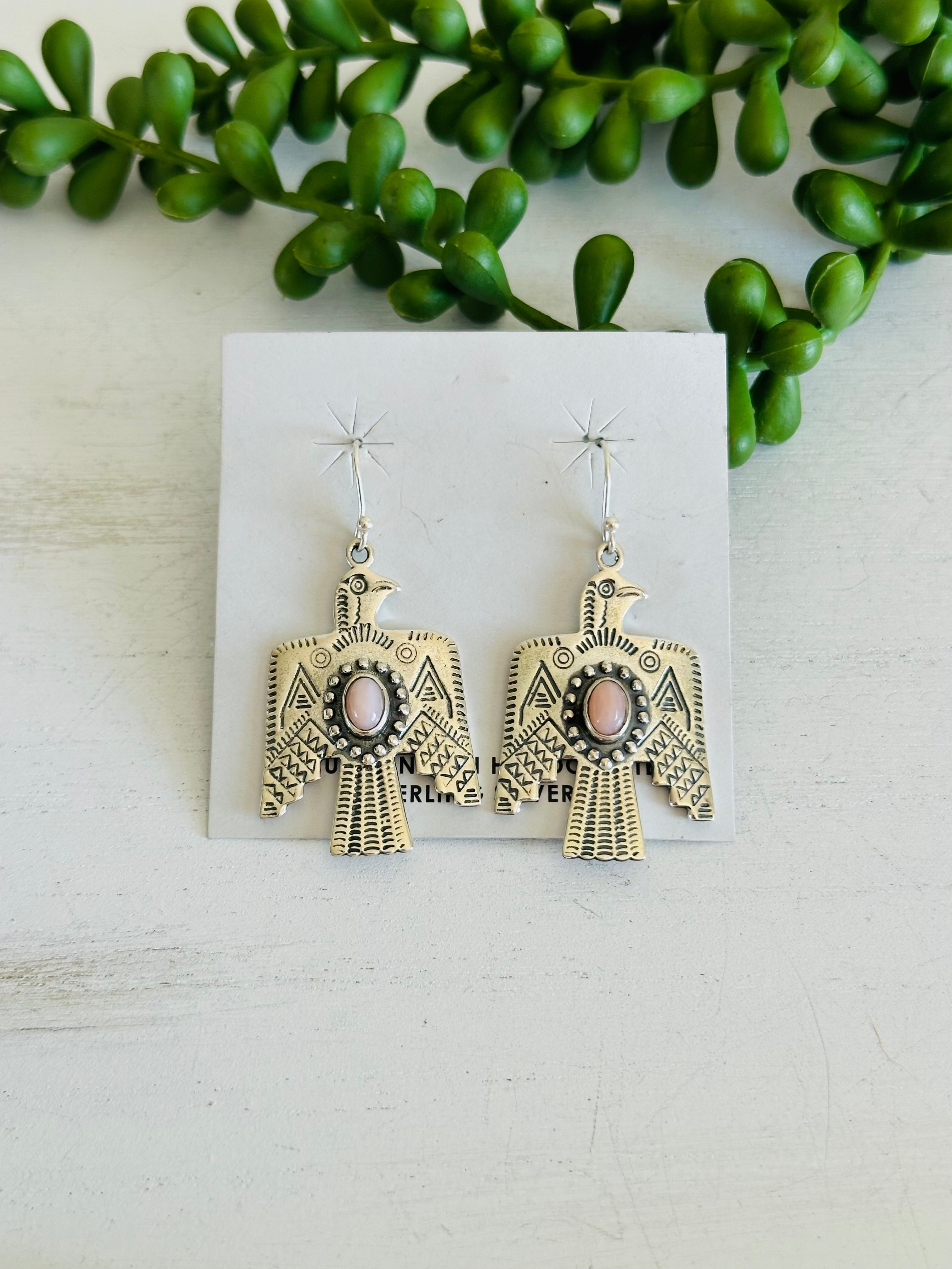 Southwest Handmade Peruvian Pink Opal & Sterling Silver Dangle Thunderbird Earrings