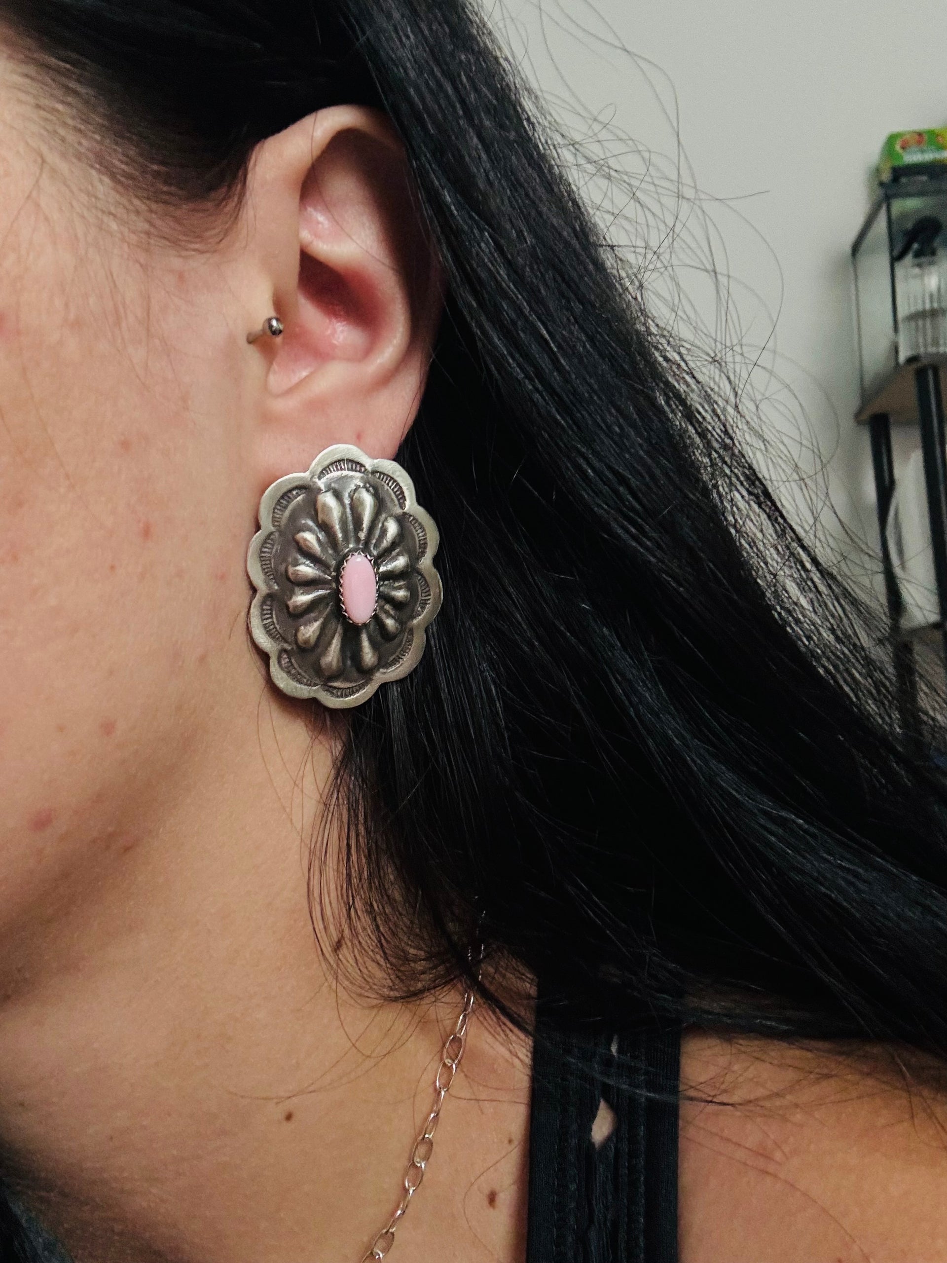 Betty Gilmore Pink Conch & Sterling Silver Post Concho Earrings