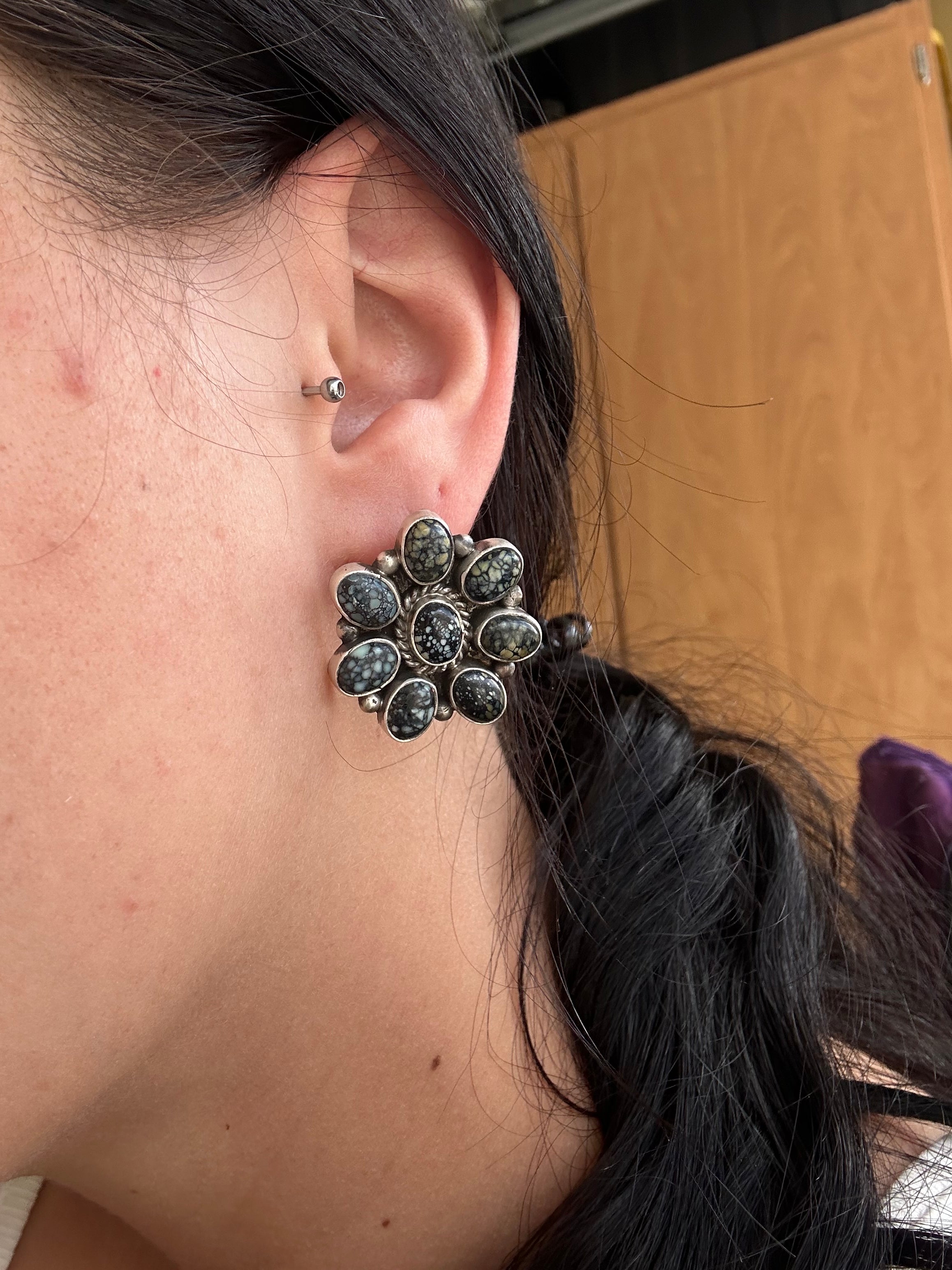 Linda Yazzie New Lander Turquoise & Sterling Silver Post Cluster Earrings