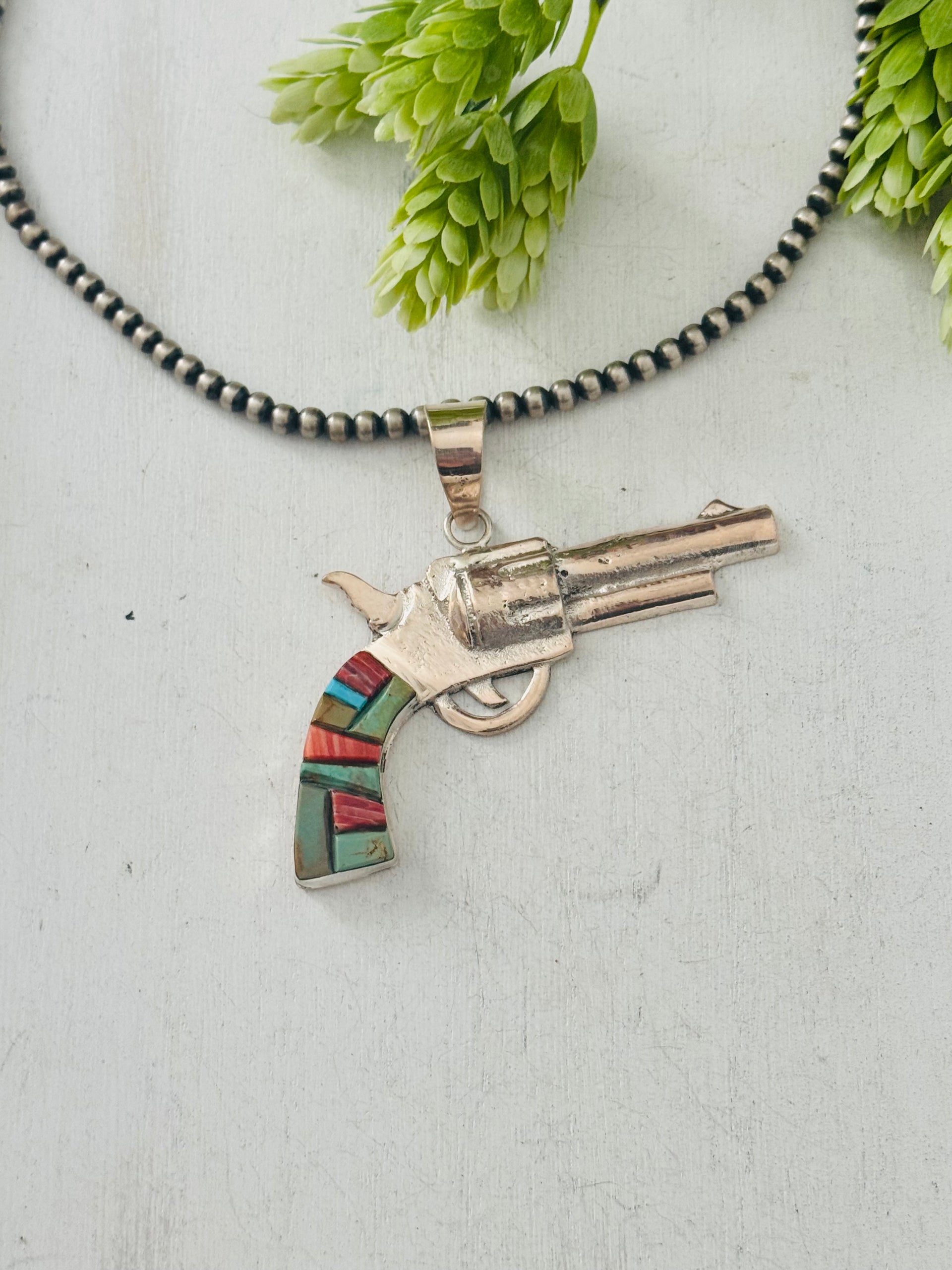 Bobby Mannelito Multi Stone & Sterling Silver Pistol Pendant