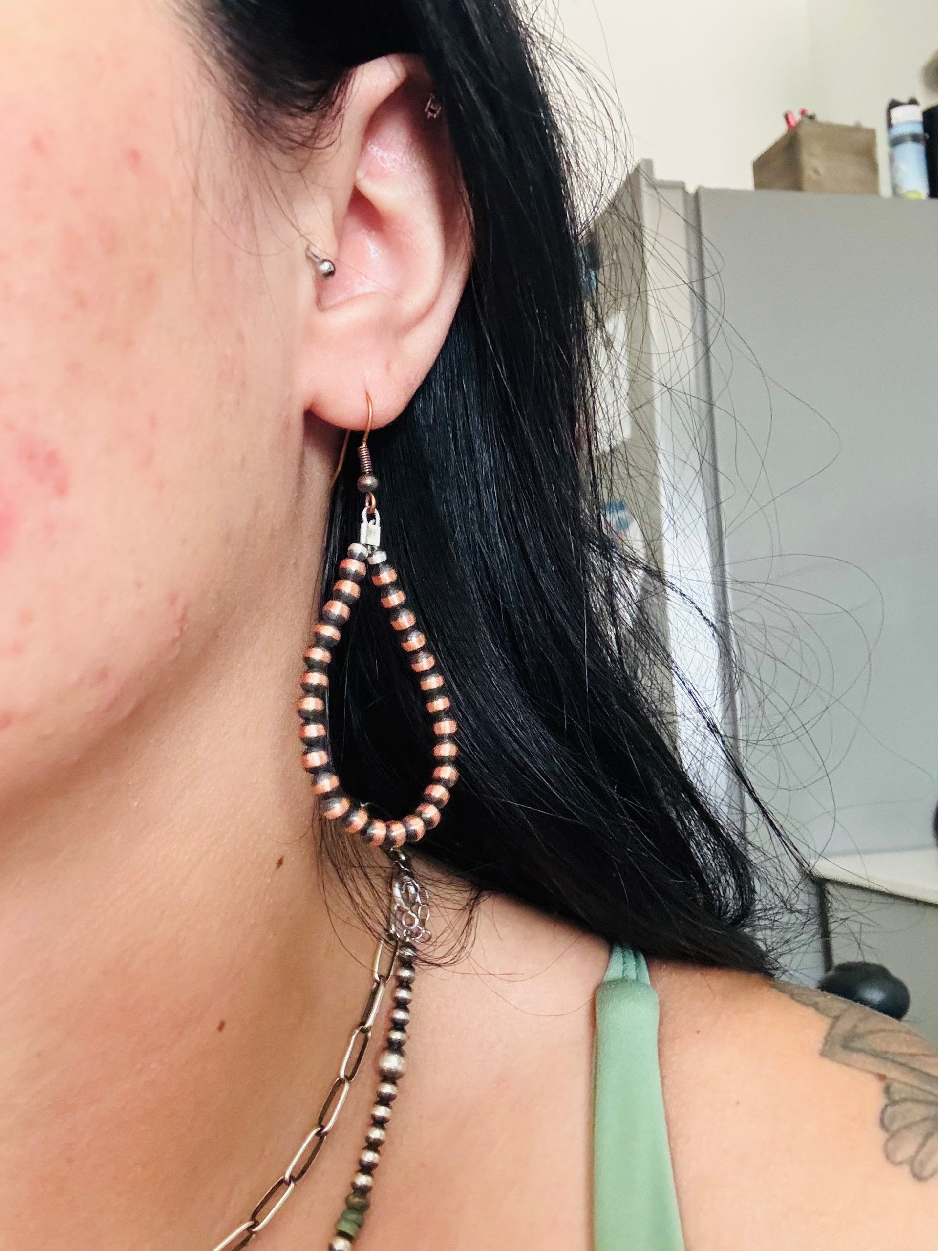 Navajo Strung Copper & Sterling Silver Pearls Dangle Earrings