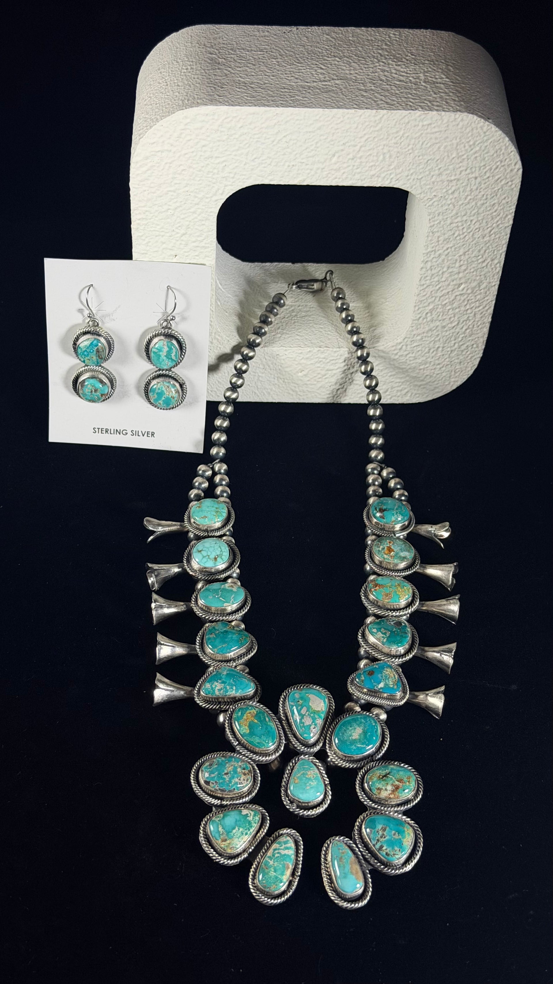 Danny Henio Royston Turquoise & Sterling Silver Squash Blossom Necklace Set