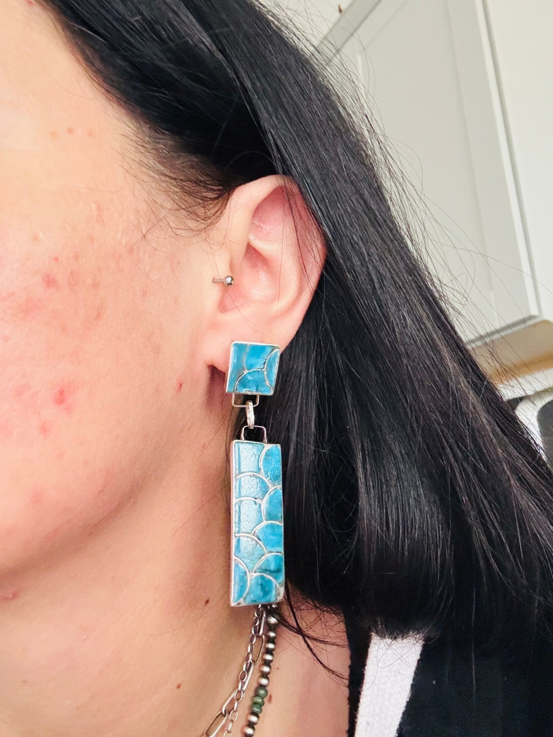 Zuni Made Kingman Turquoise & Sterling Silver Post Dangle Earrings