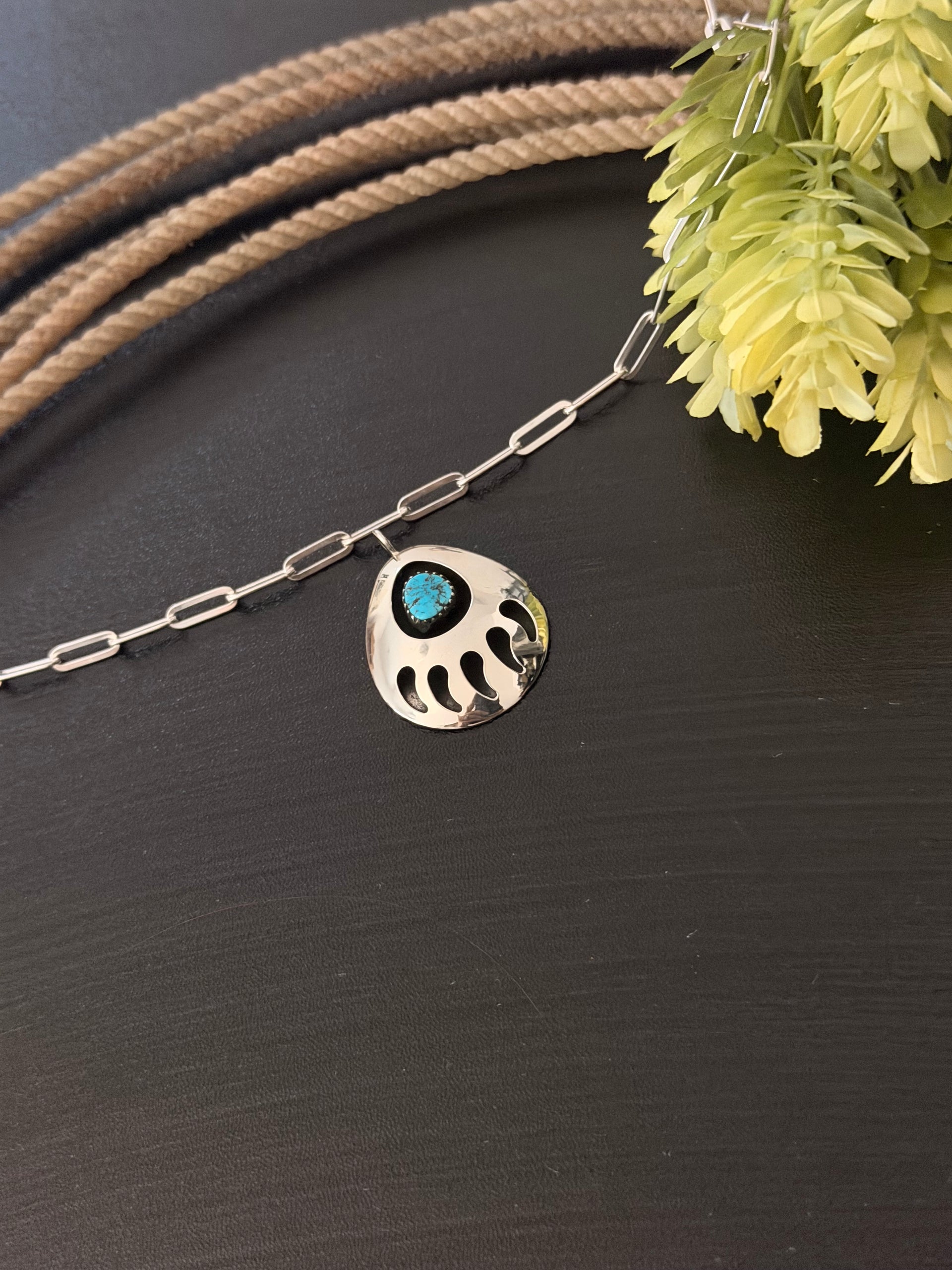 Navajo Made Kingman Turquoise & Sterling Silver Bear Claw Pendant