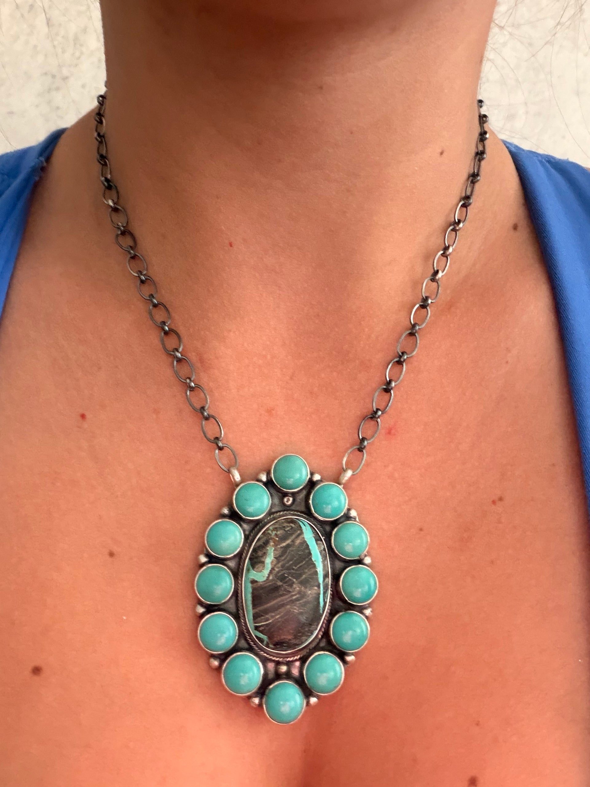 Sheila Becenti Mixed Turquoise & Sterling Sliver Cluster Necklace
