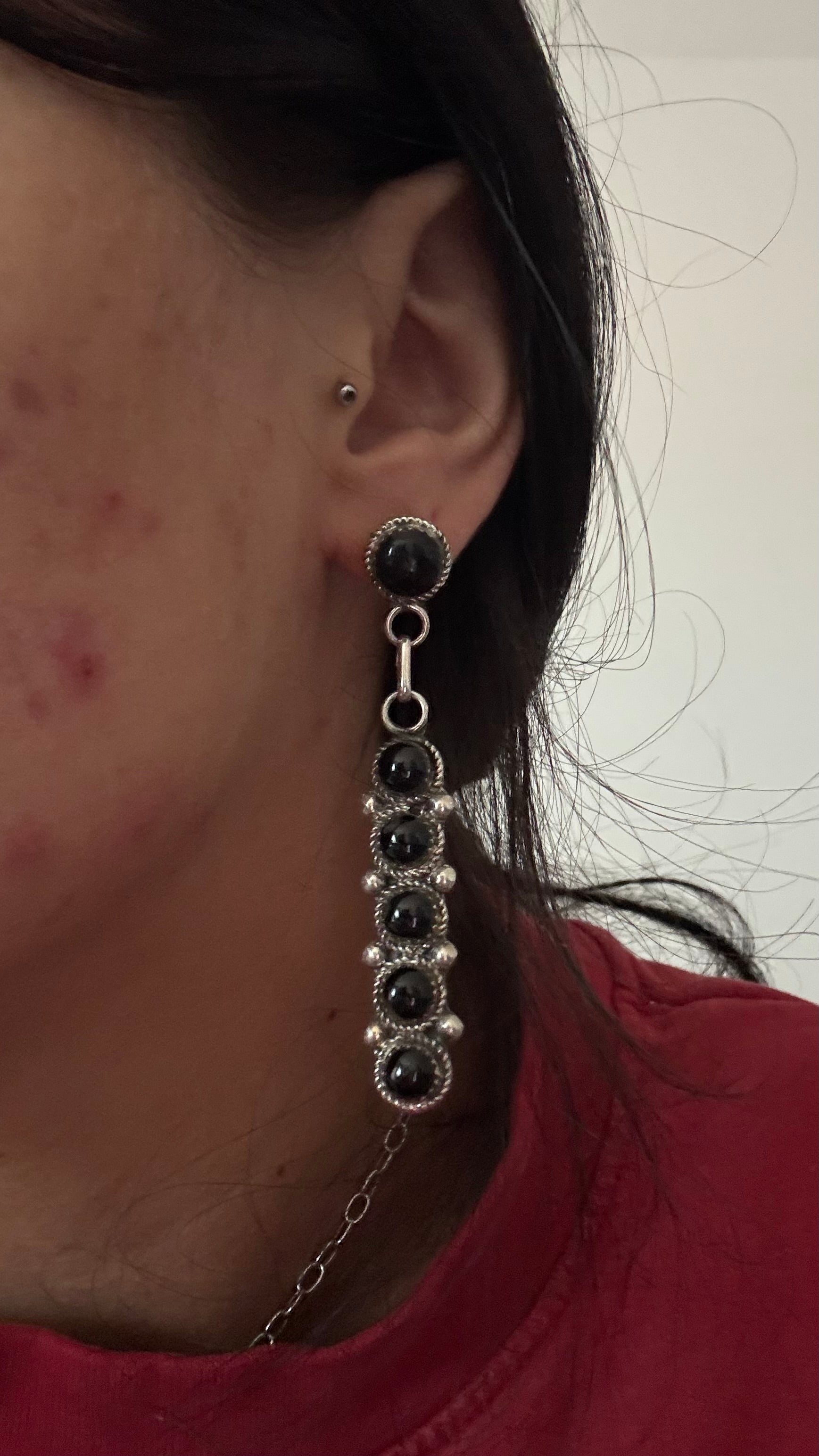 Navajo Made Onyx & Sterling Silver Post Dangle Earrings