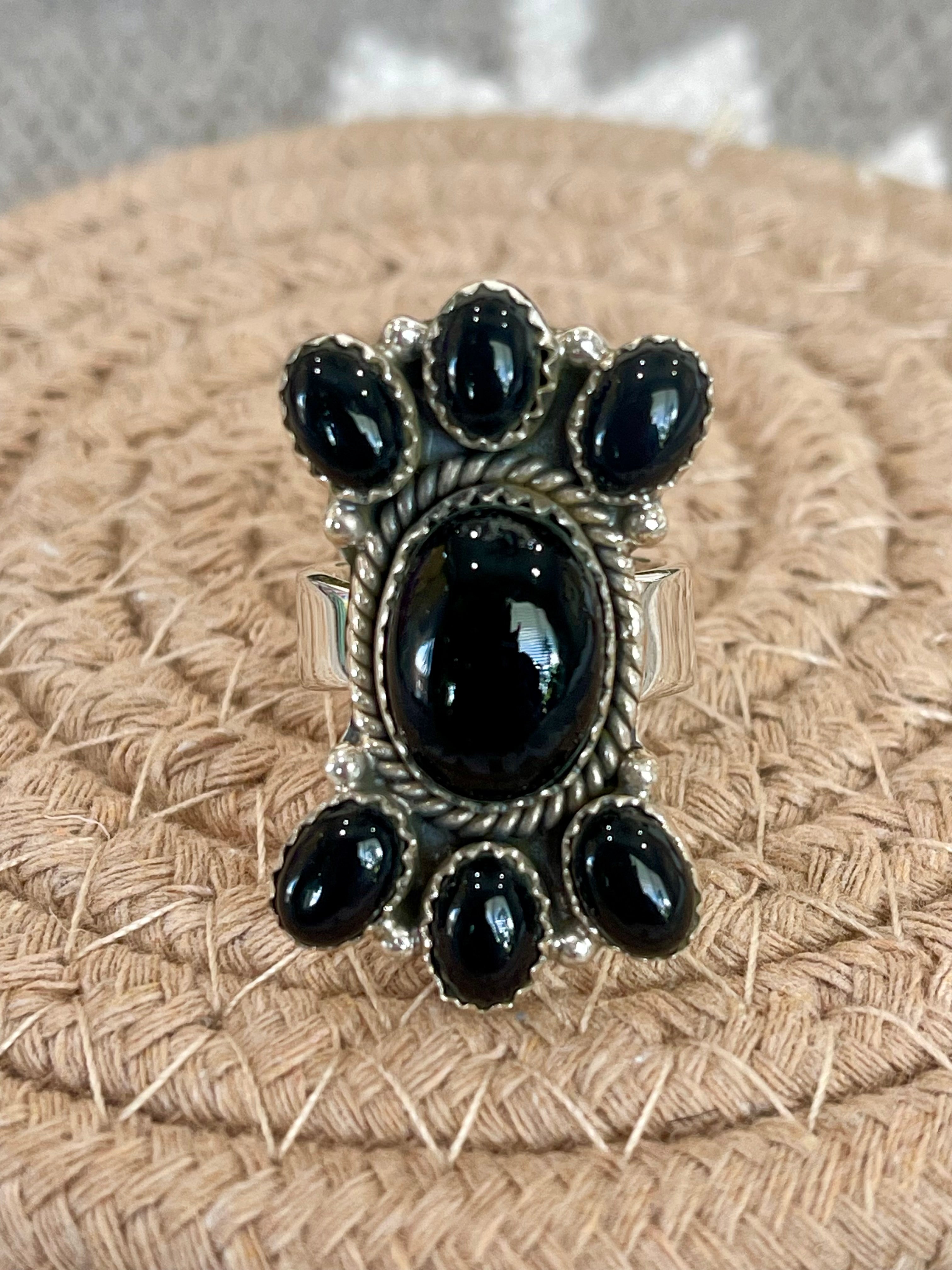 Southwest Handmade Black Onyx & Sterling Silver Adjustable Cluster Ring