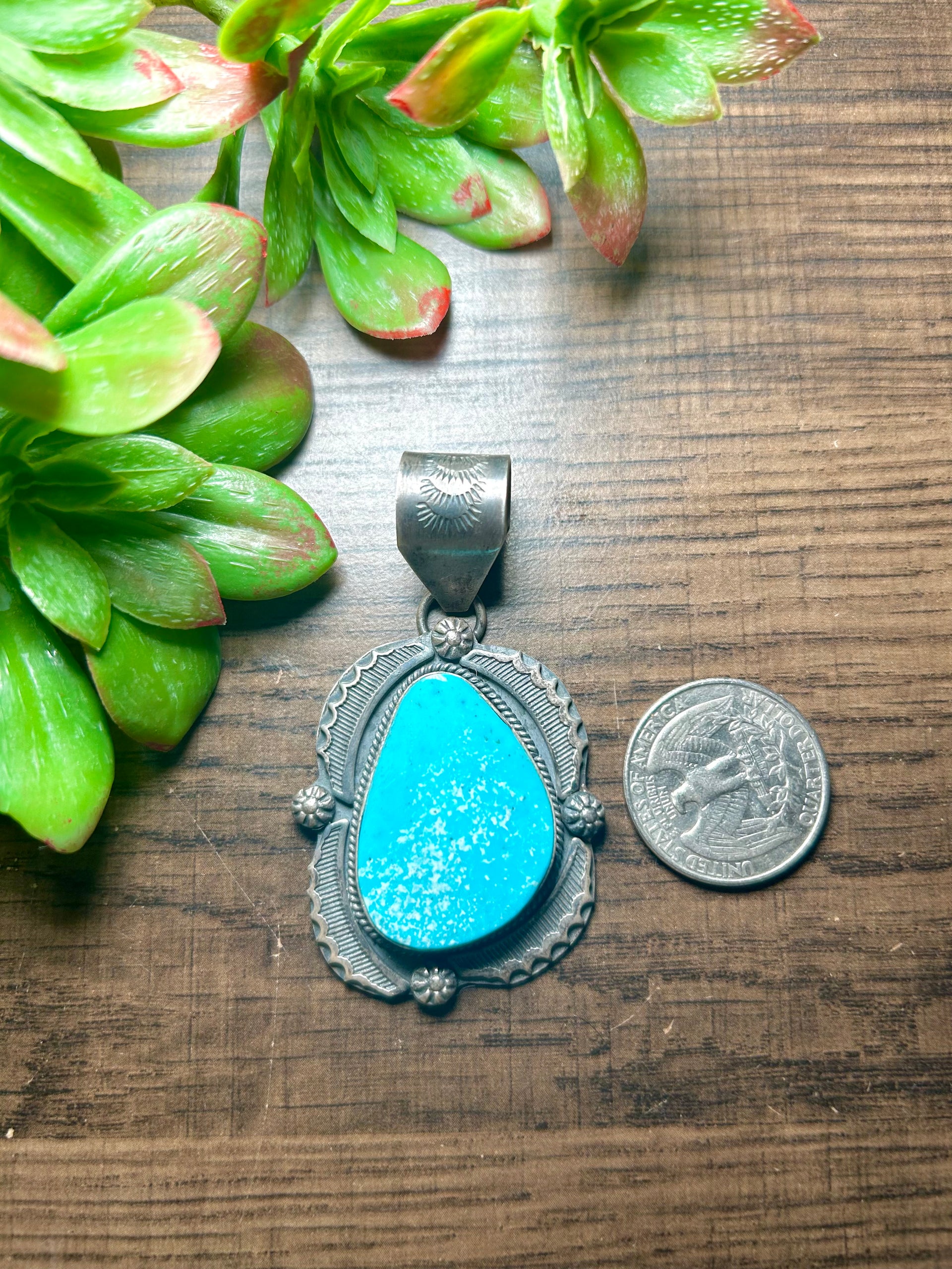 Navajo Made Kingman Turquoise & Sterling Silver Pendant