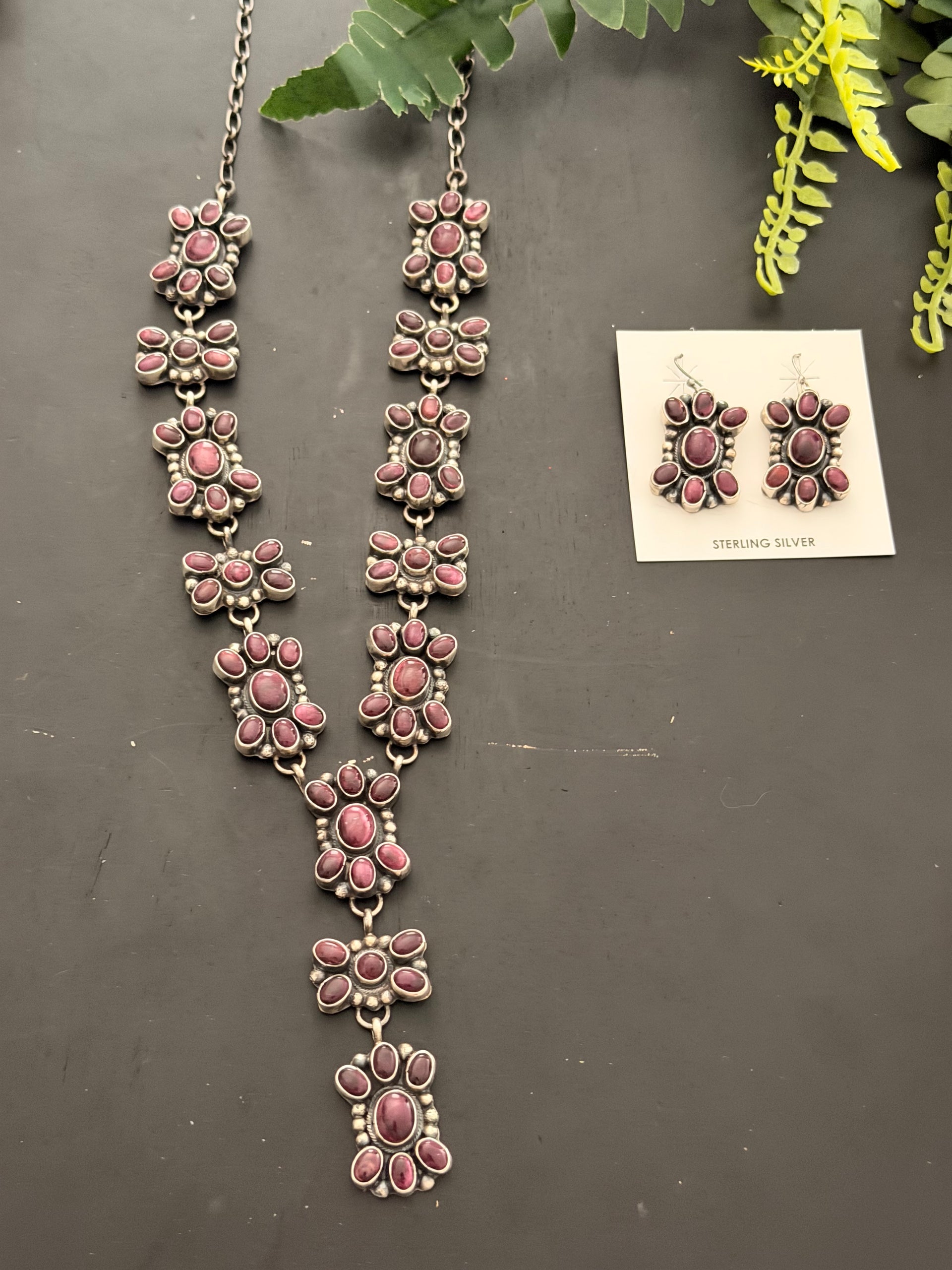 Sheila Becenti Purple Spiny Oyster & Sterling Silver Cluster Necklace Set