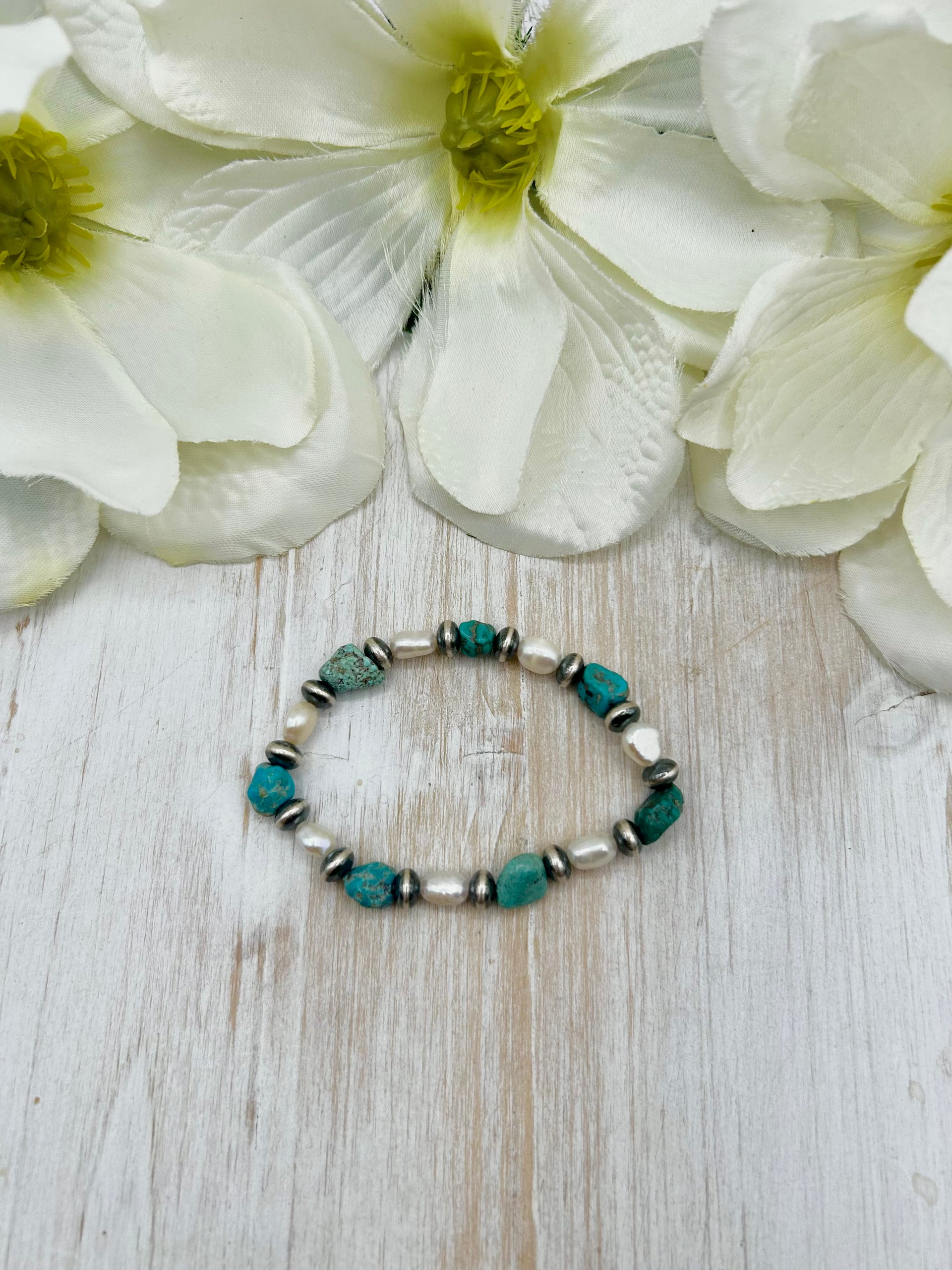 Navajo Made Kingman Turquoise & Sterling Silver Strung Stretchy Bracelet