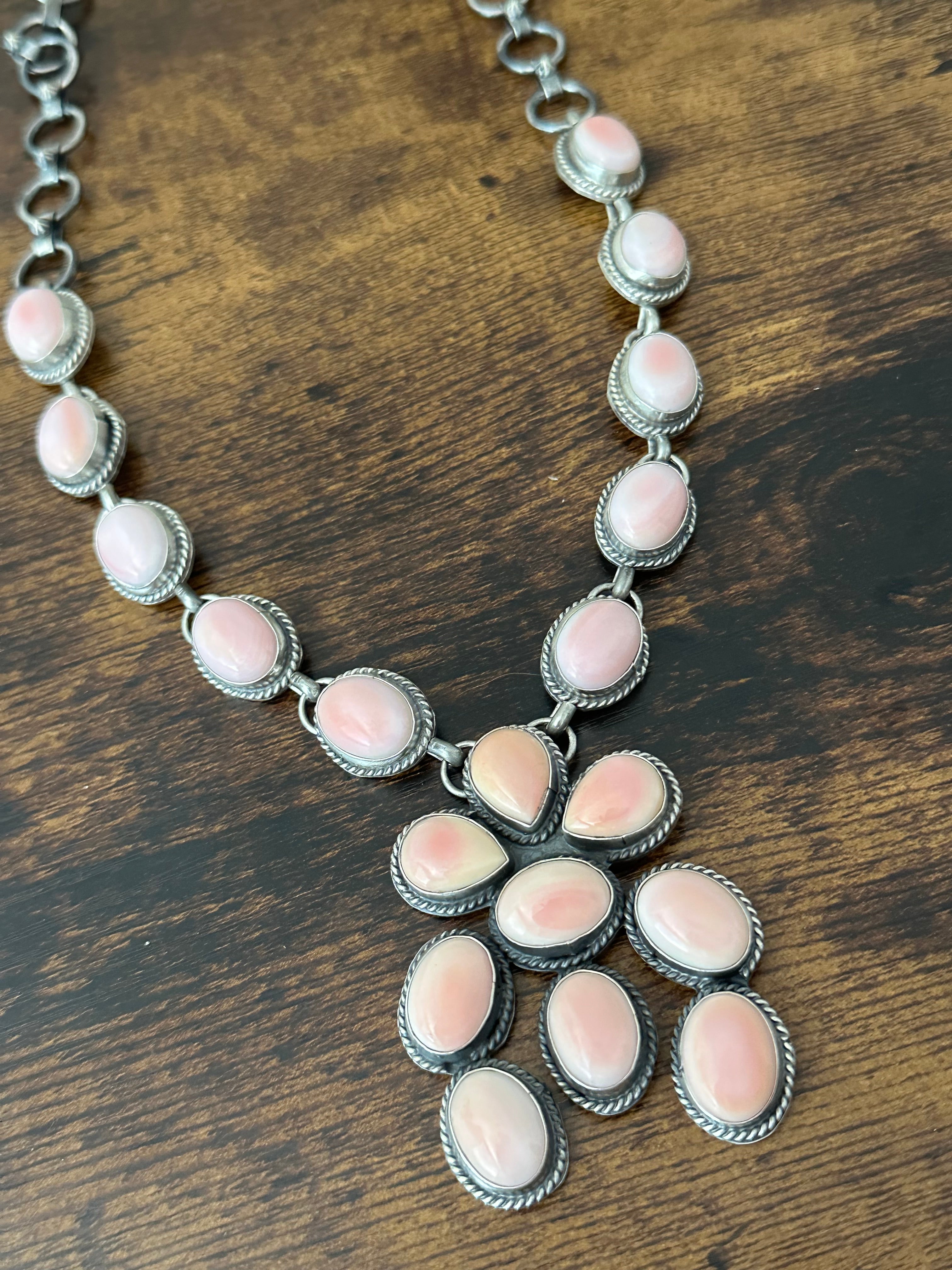 Navajo Made Pink Conch & Sterling Silver Cluster Necklace