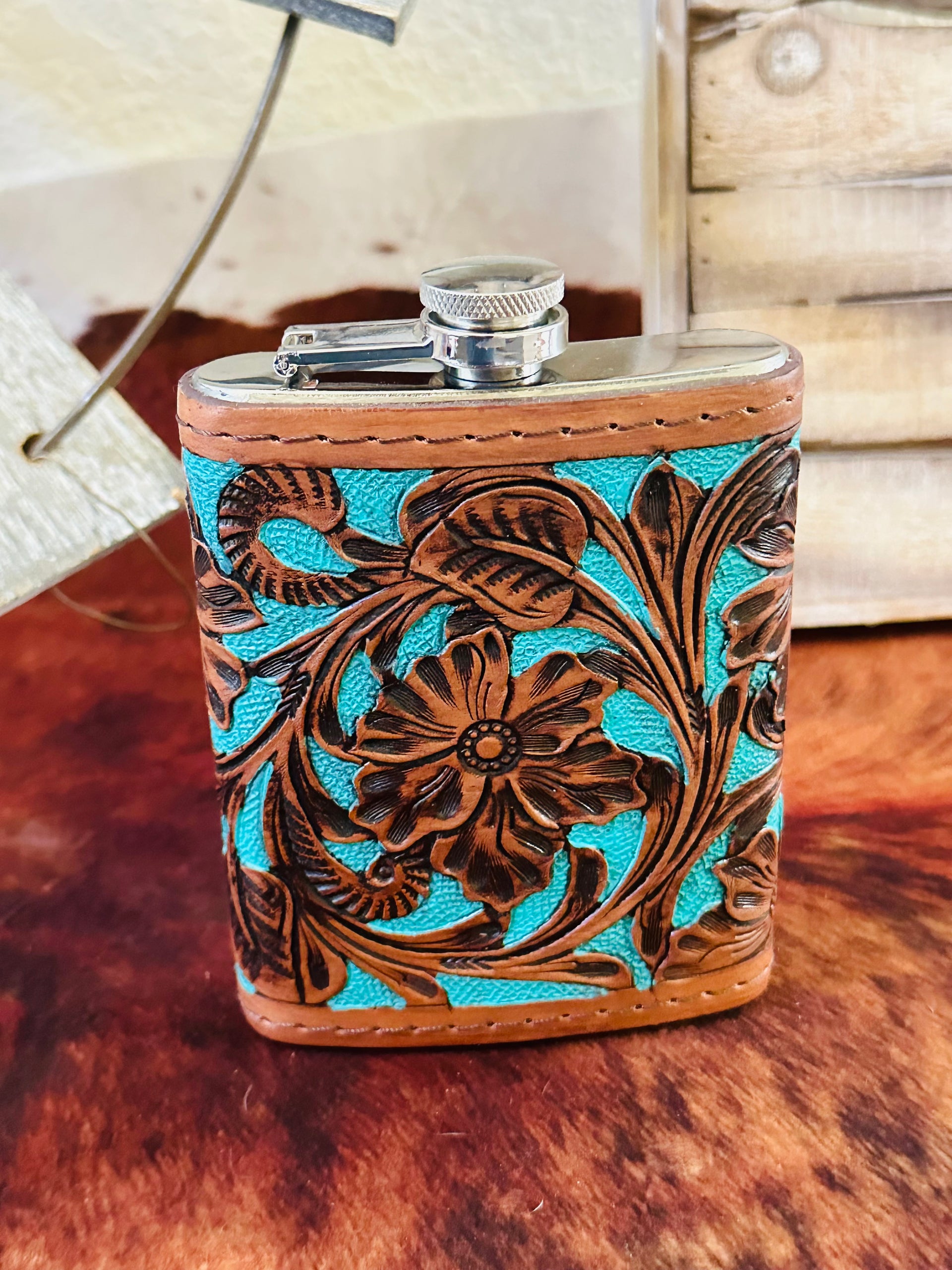 Genuine Tooled Leather 8 oz Flask