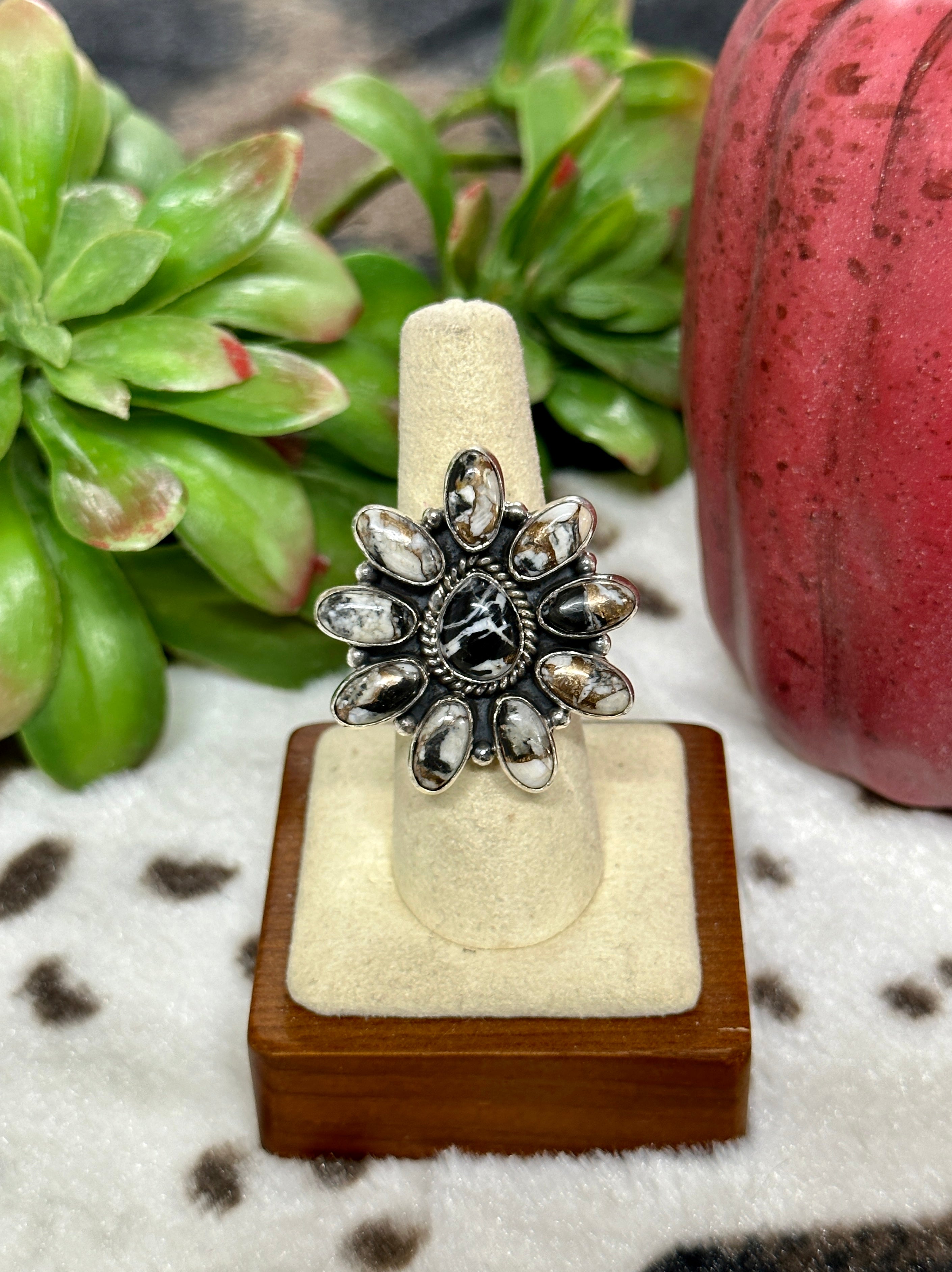 Southwest Handmade White Buffalo Mohave & Sterling Silver Cluster Adjustable Ring