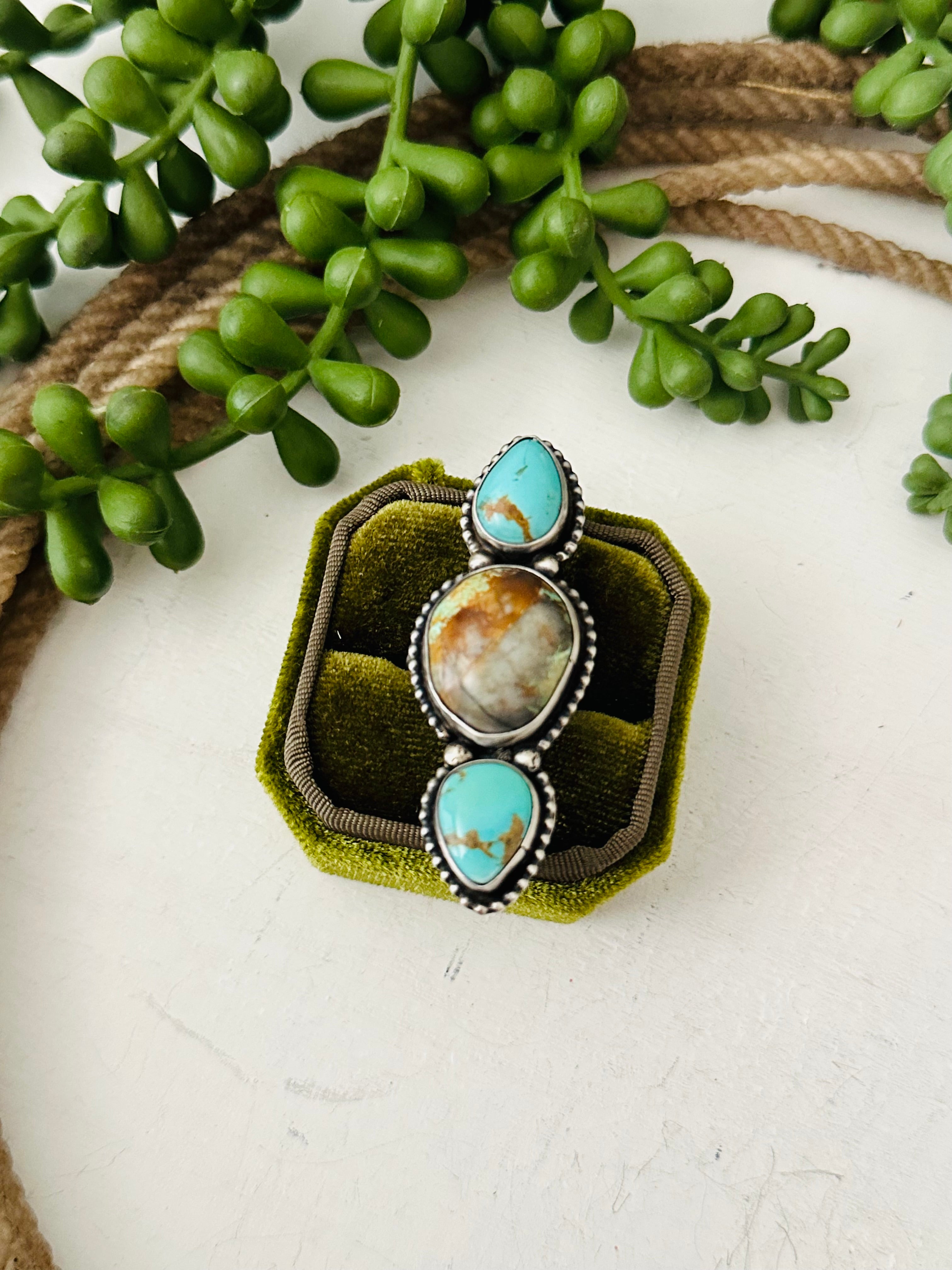 Navajo Made Multi Turquoise & Sterling Silver Adjustable Ring