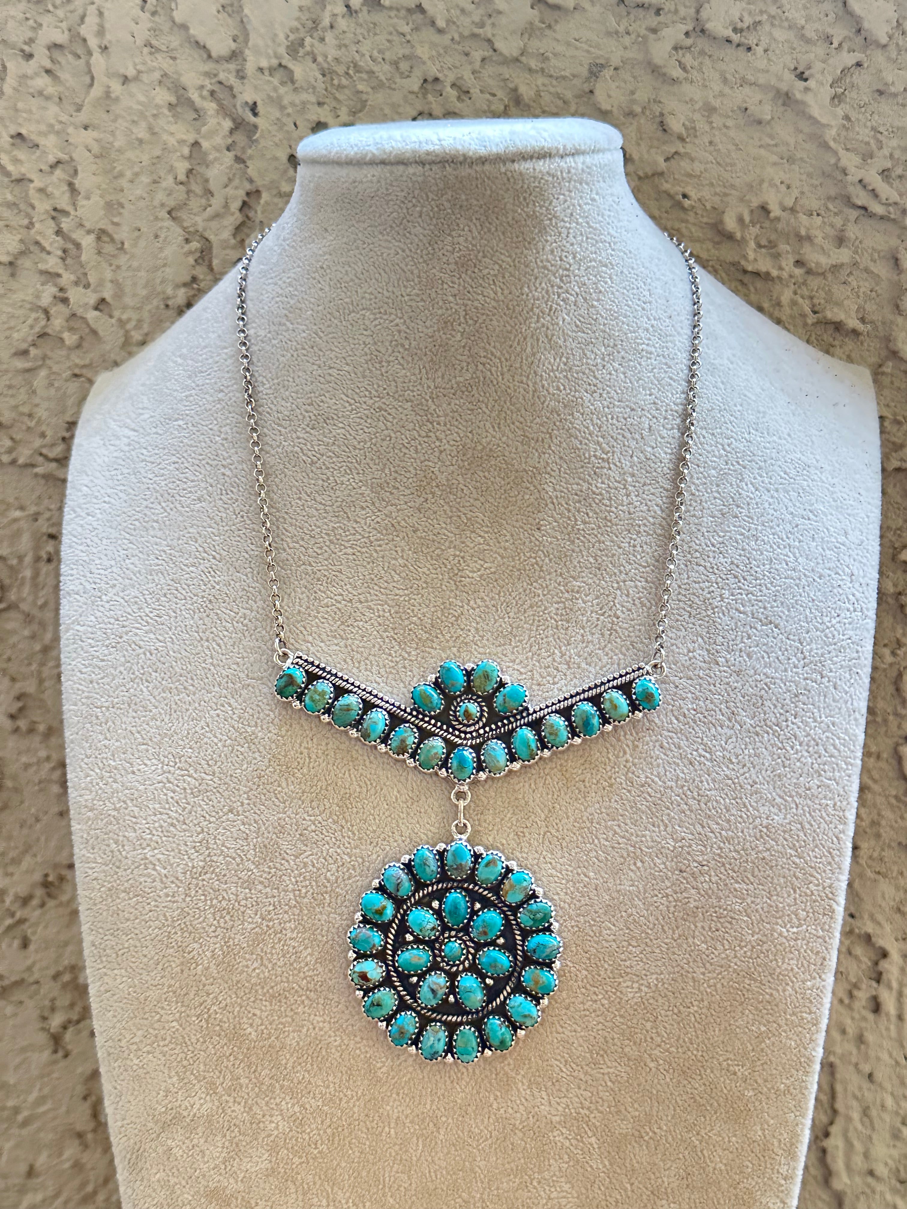 Southwest Handmade Kingman Turquoise & Sterling Silver Cluster Necklace