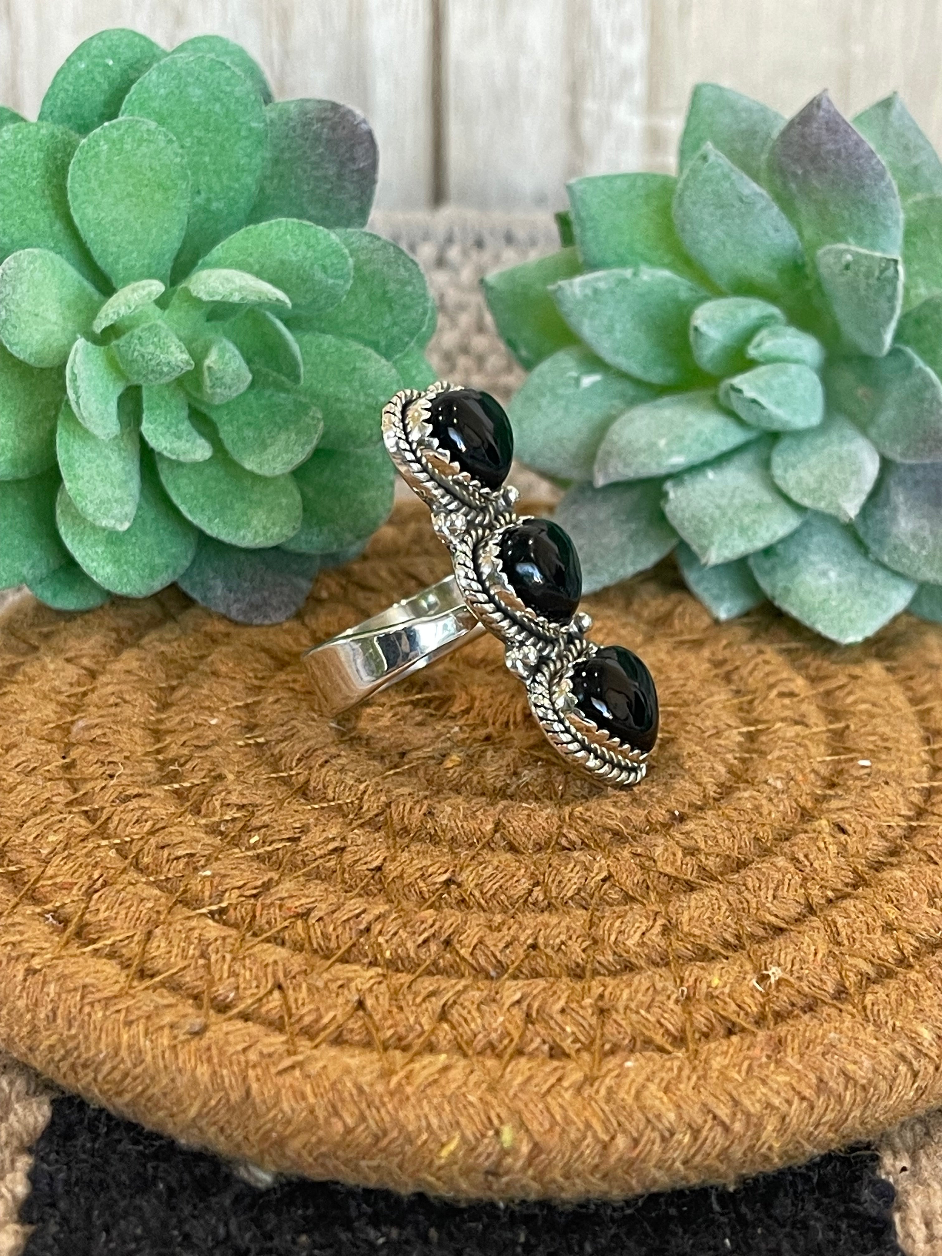 Southwest Handmade Black Onyx & Sterling Silver Adjustable 3 Stone Heart  Ring