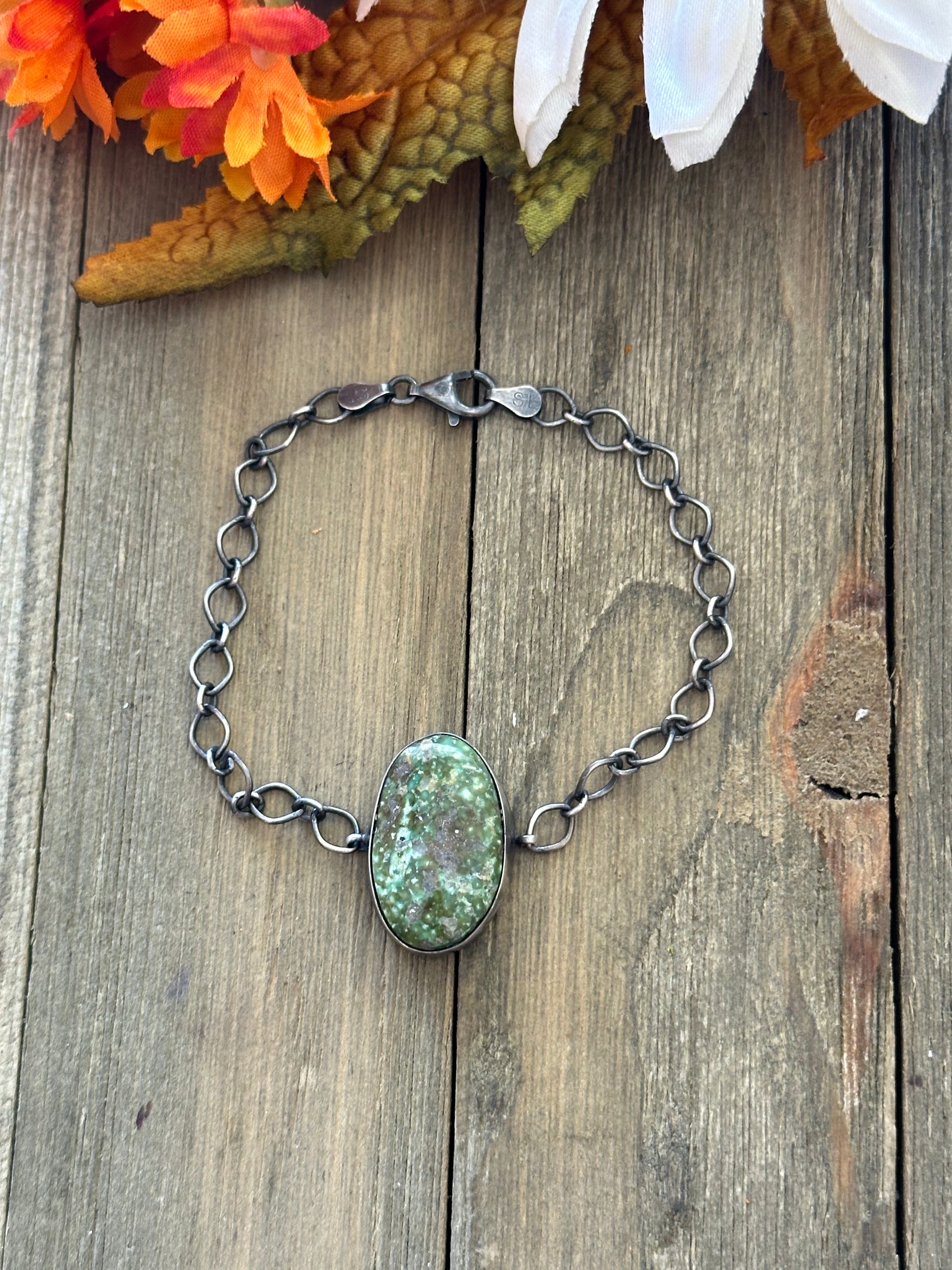 Navajo Made Sonoran Gold Turquoise & Sterling Silver Bracelet