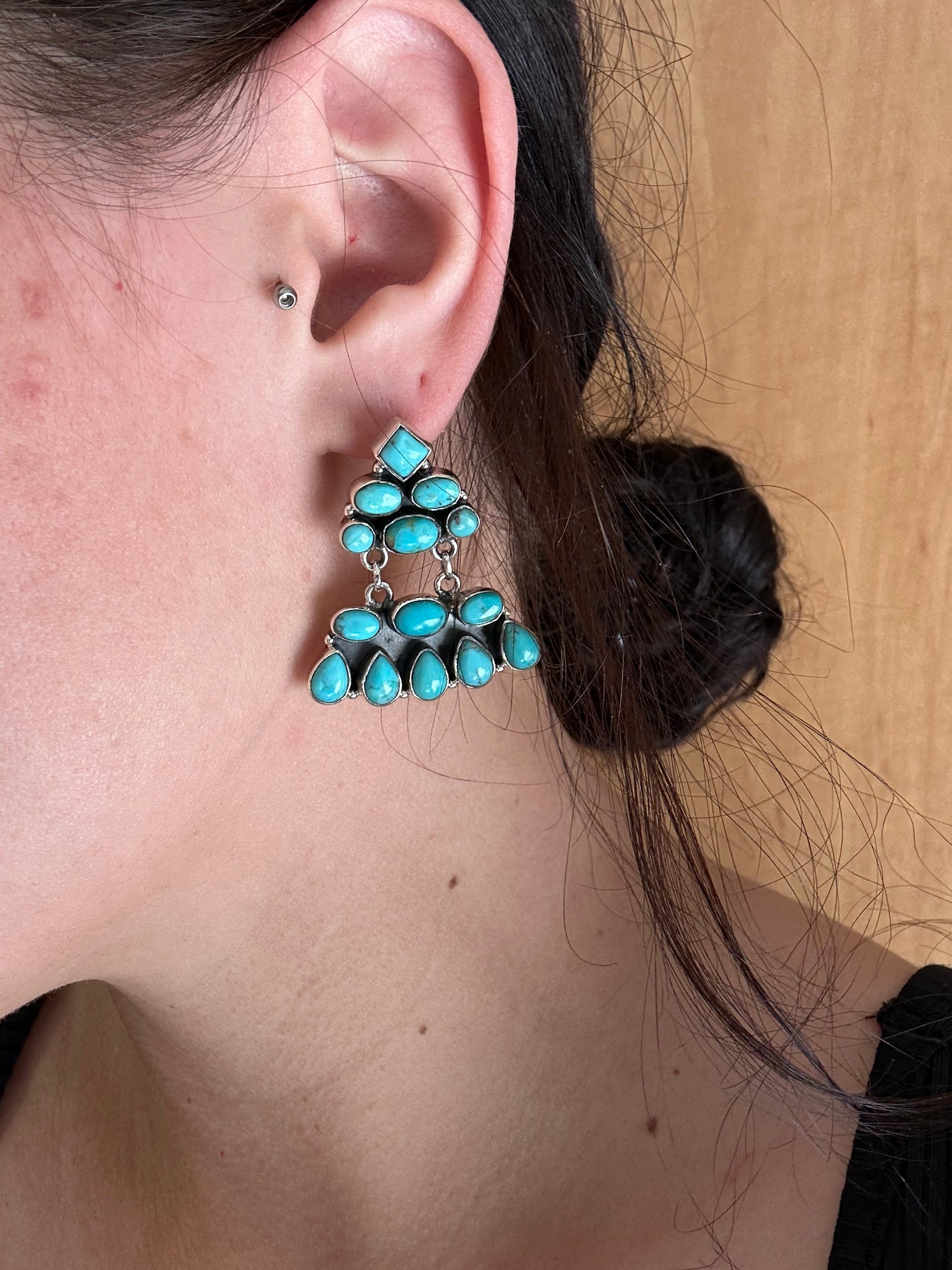 Southwest Handmade Kingman Turquoise & Sterling Silver Post Dangle Earrings