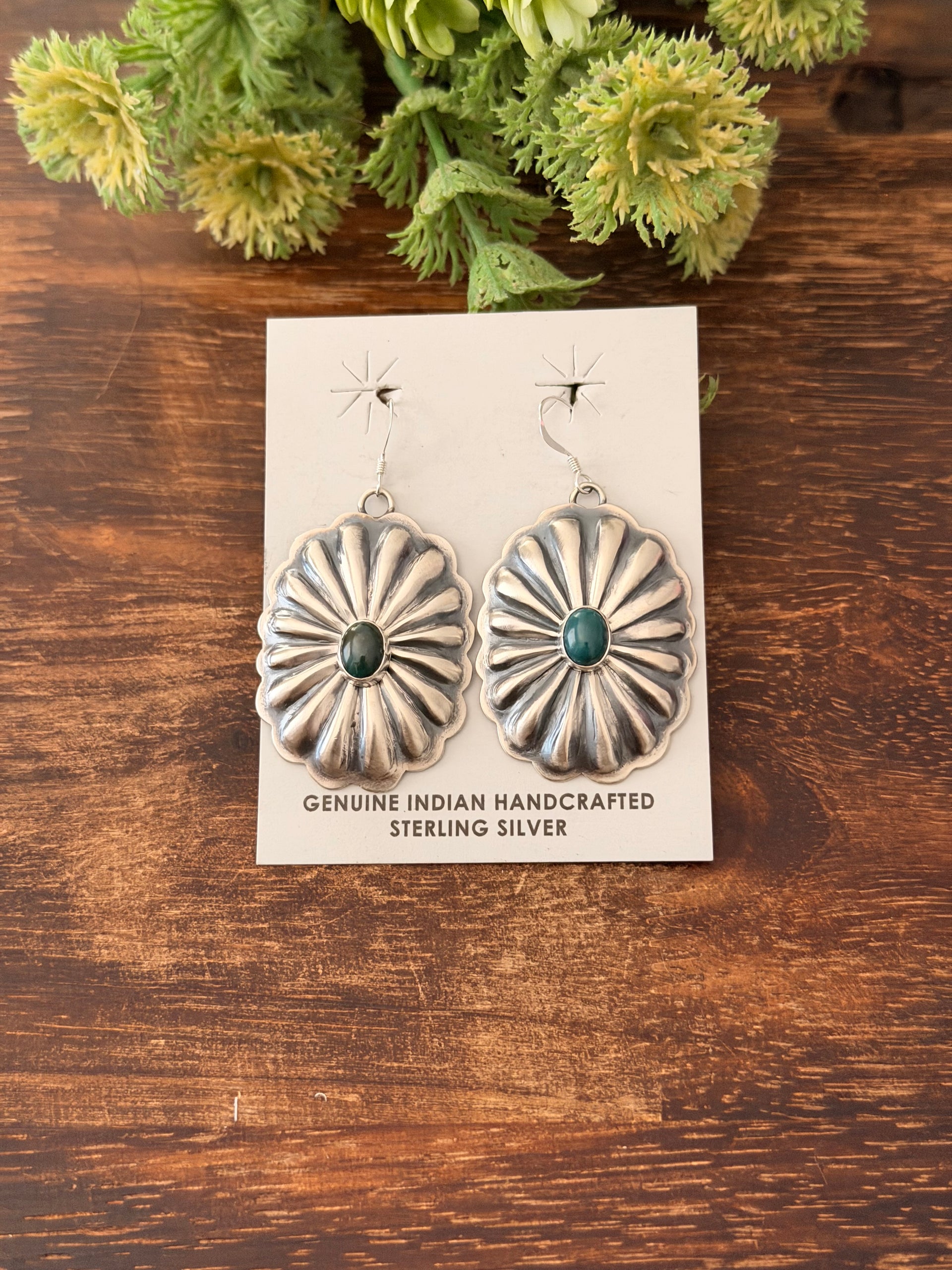 Navajo Made Kingman Turquoise & Sterling Silver Dangle Concho Earrings