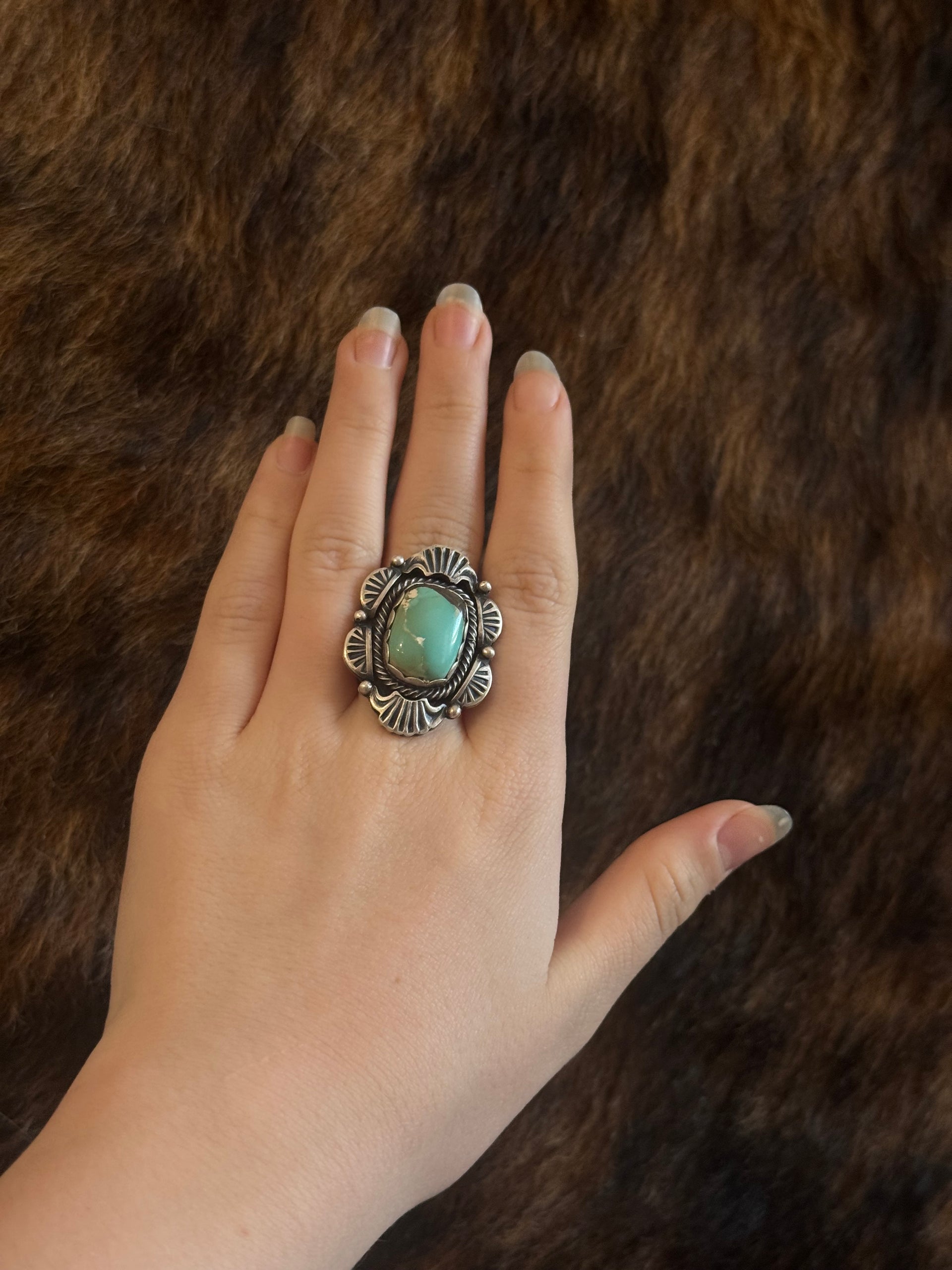 Navajo Made Carico Lake Turquoise & Sterling Silver Ring Size 10.75