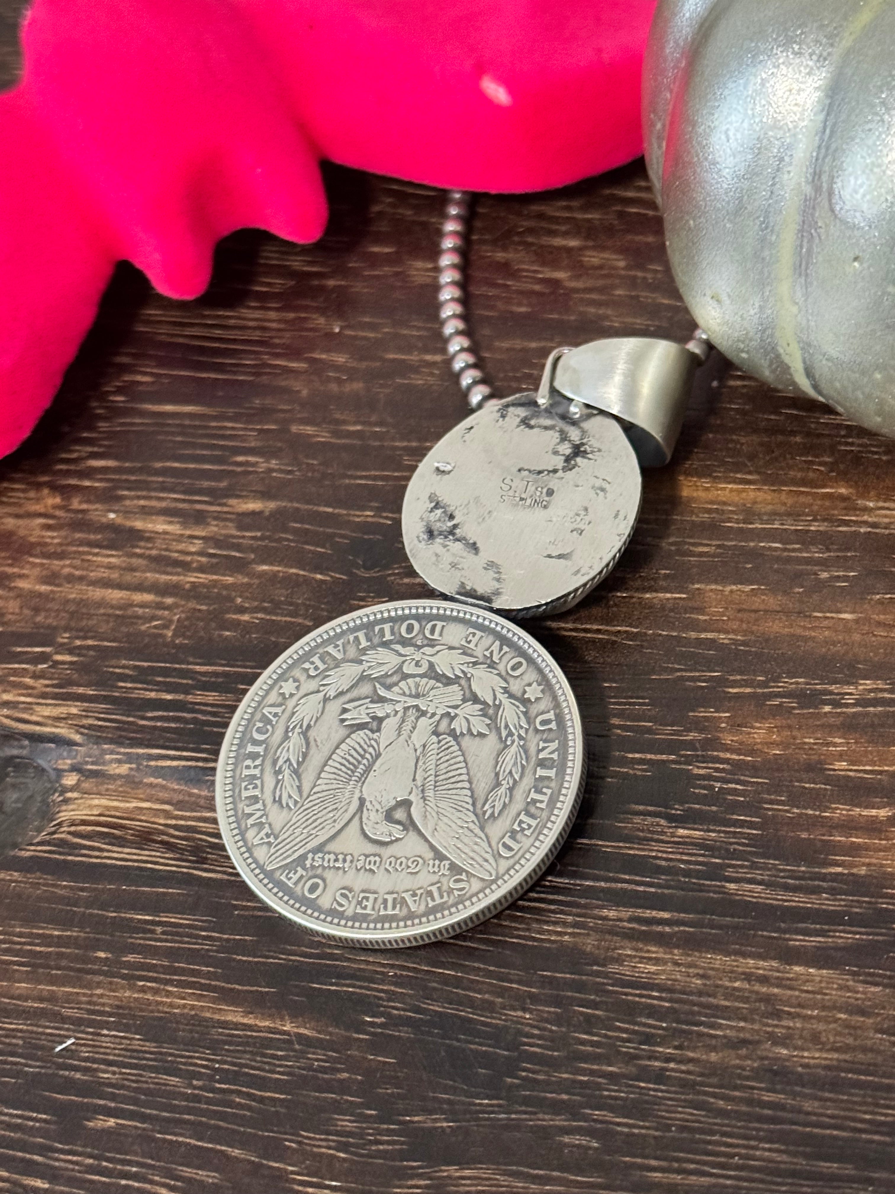 Sheila Tso White Buffalo & Sterling Silver Dollar Coin Pendant