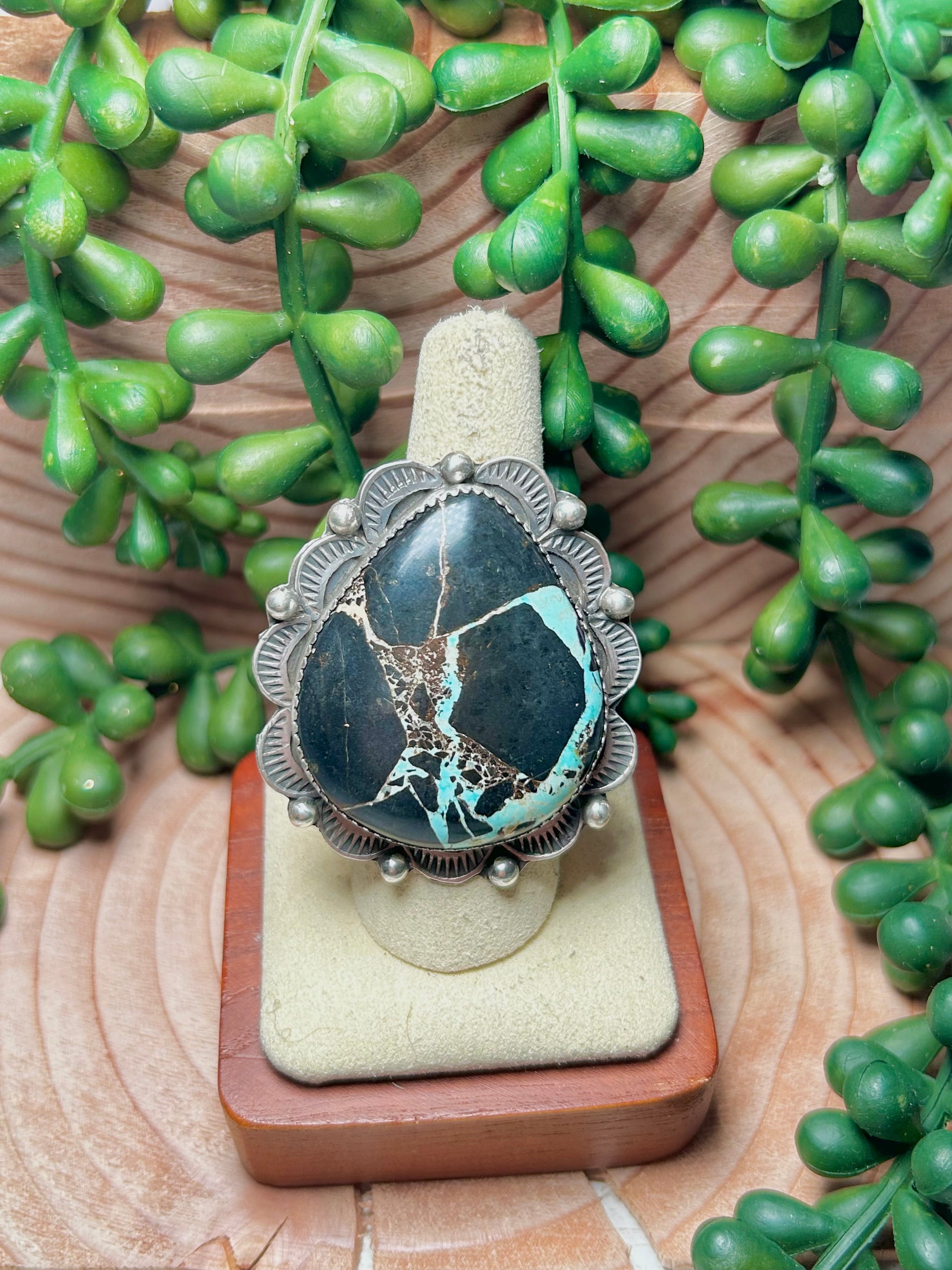 Tia Long Black Jack Turquoise & Sterling Sliver Adjustable Ring