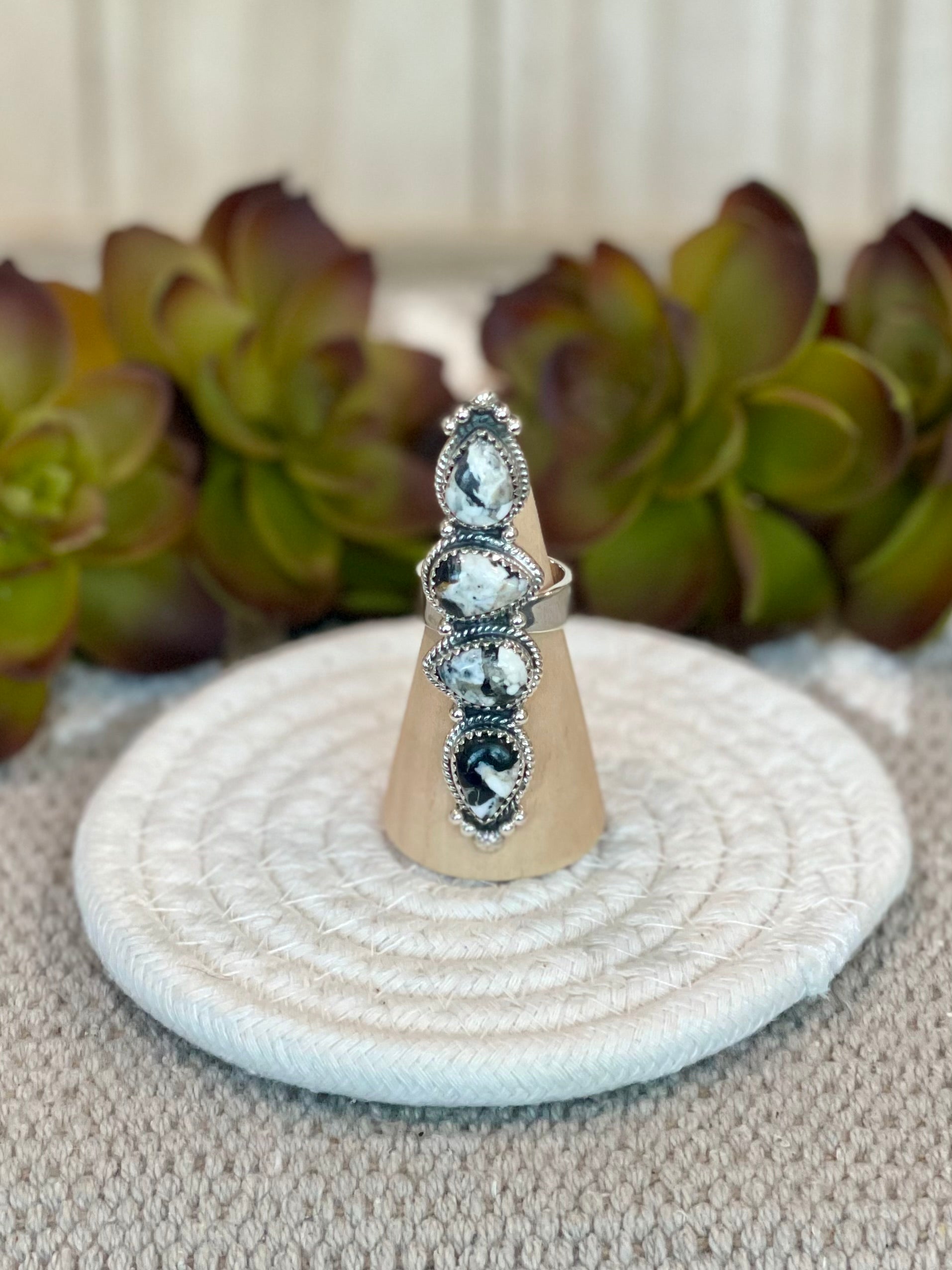 Southwest Handmade White Buffalo & Sterling Silver Adjustable 4 Stone Ring