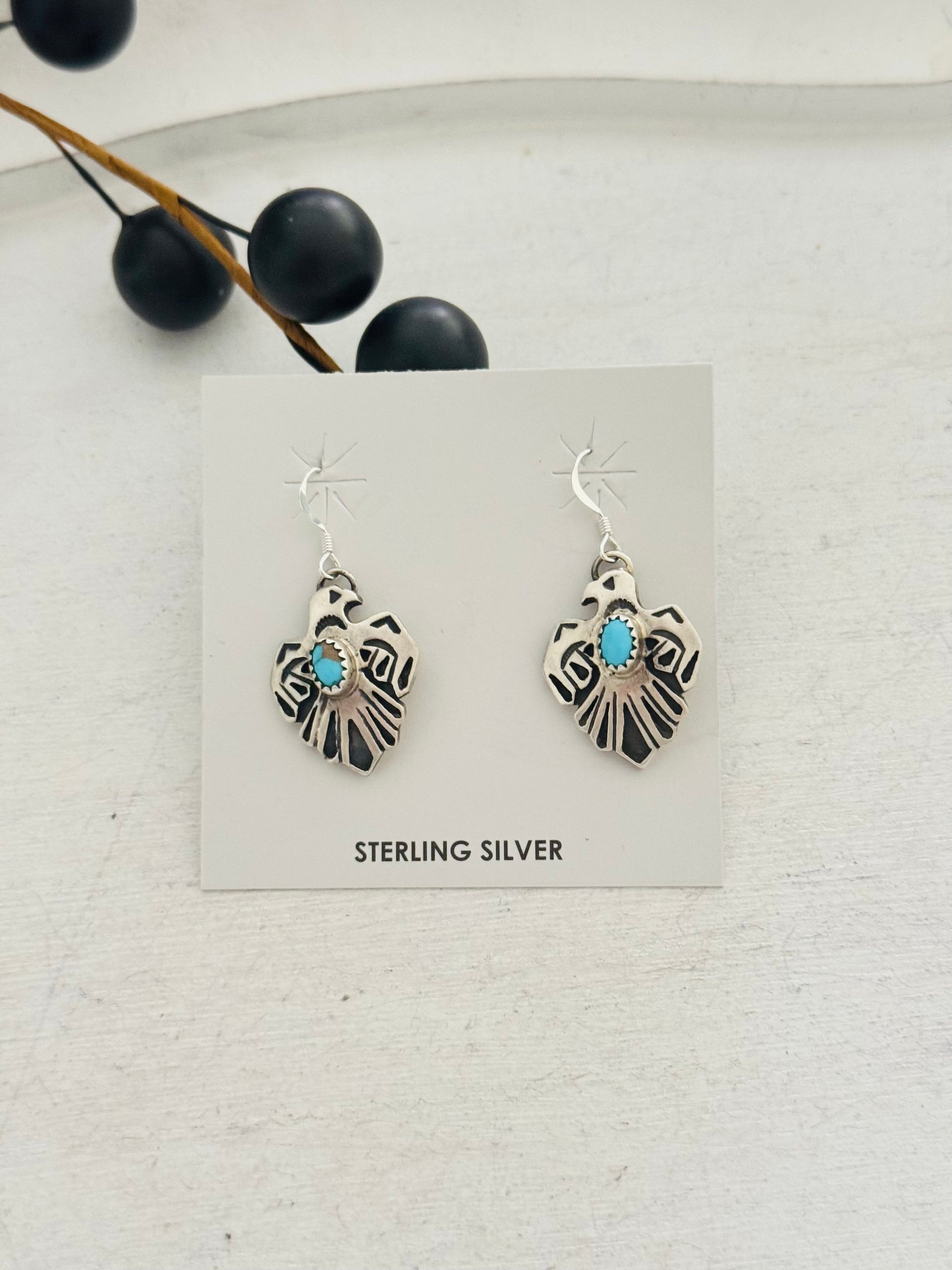 Genevieve Francisco Kingman Turquoise & Sterling Silver Dangle Thunderbird Earrings