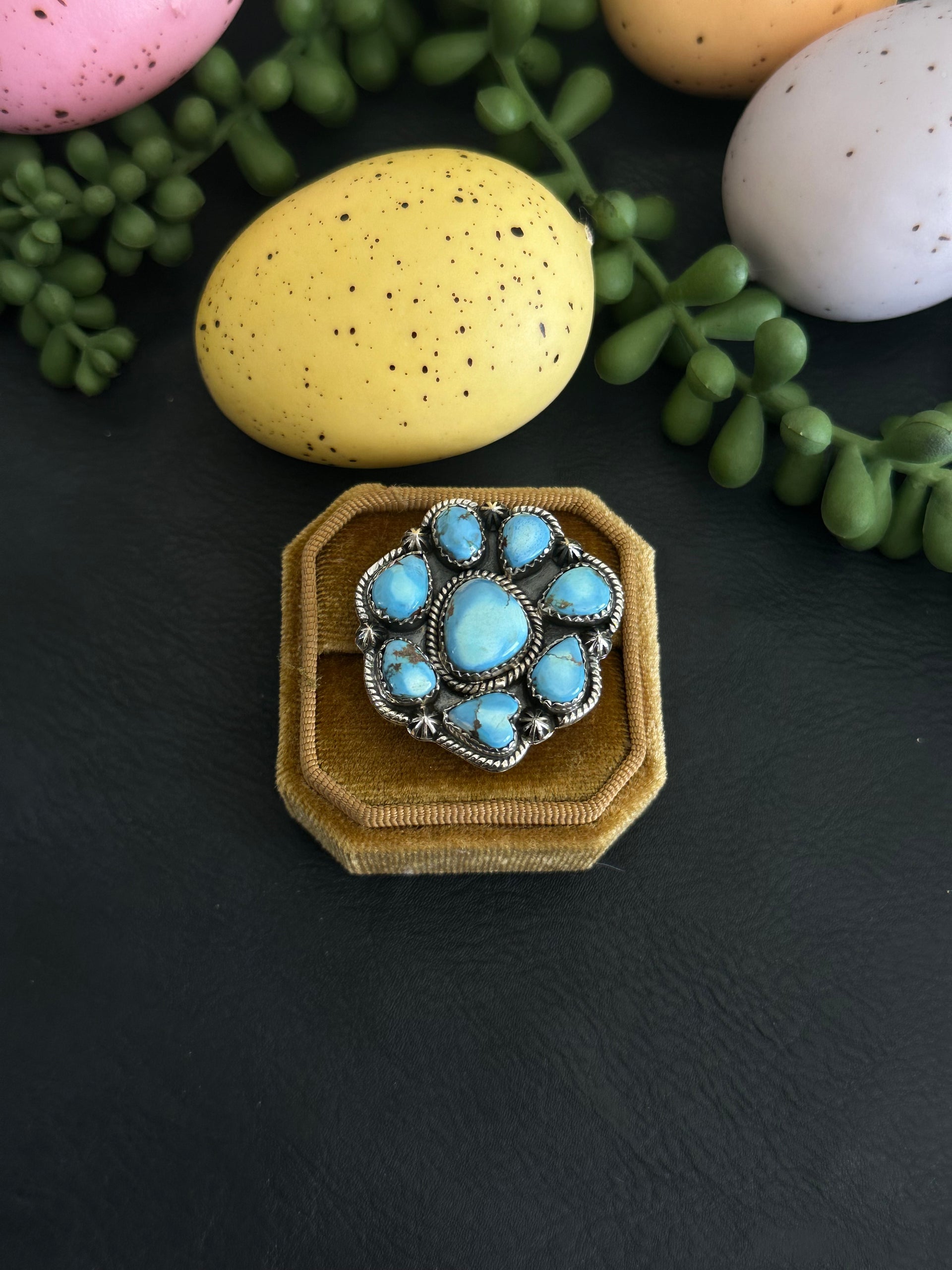 Southwest Handmade Golden Hills Turquoise & Sterling Silver Adjustable Cluster Ring