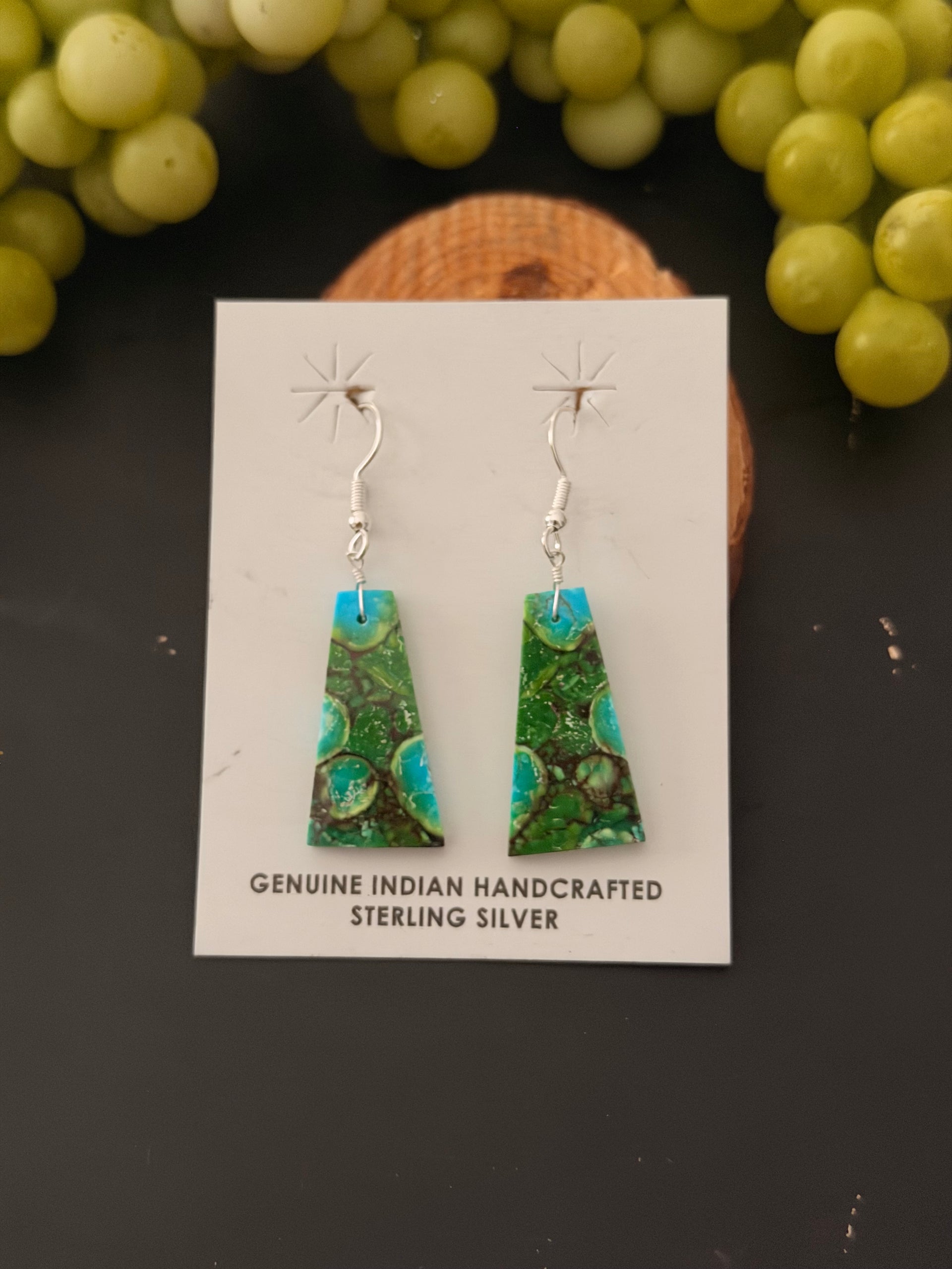 Navajo Made Green Mohave Turquoise & Sterling Silver Slab Dangle Earrings